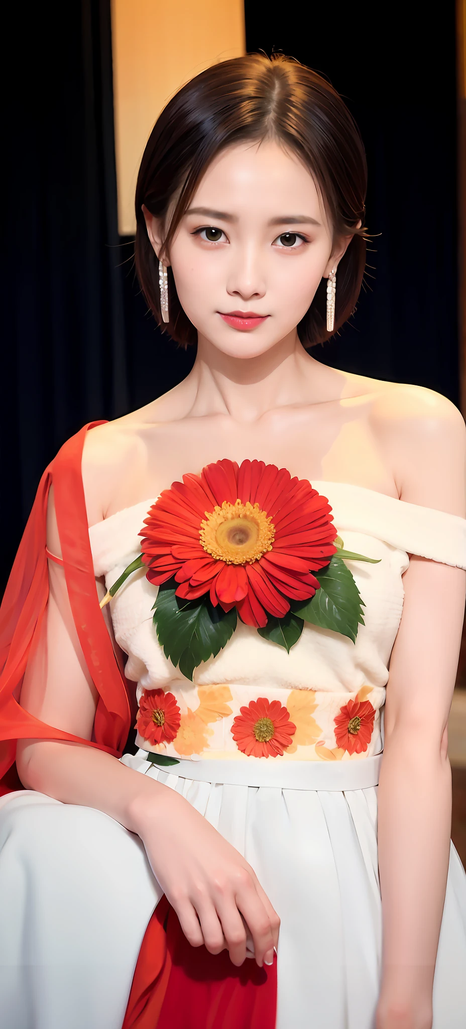 araffe woman with a red flower on her shoulder and a white dress, dilraba dilmurat, inspired by Huang Ji, hwang se - on, cai xukun, ruan jia beautiful!, sha xi, heonhwa choe, lee ji-eun, lee ji - eun, yanjun chengt, xintong chen