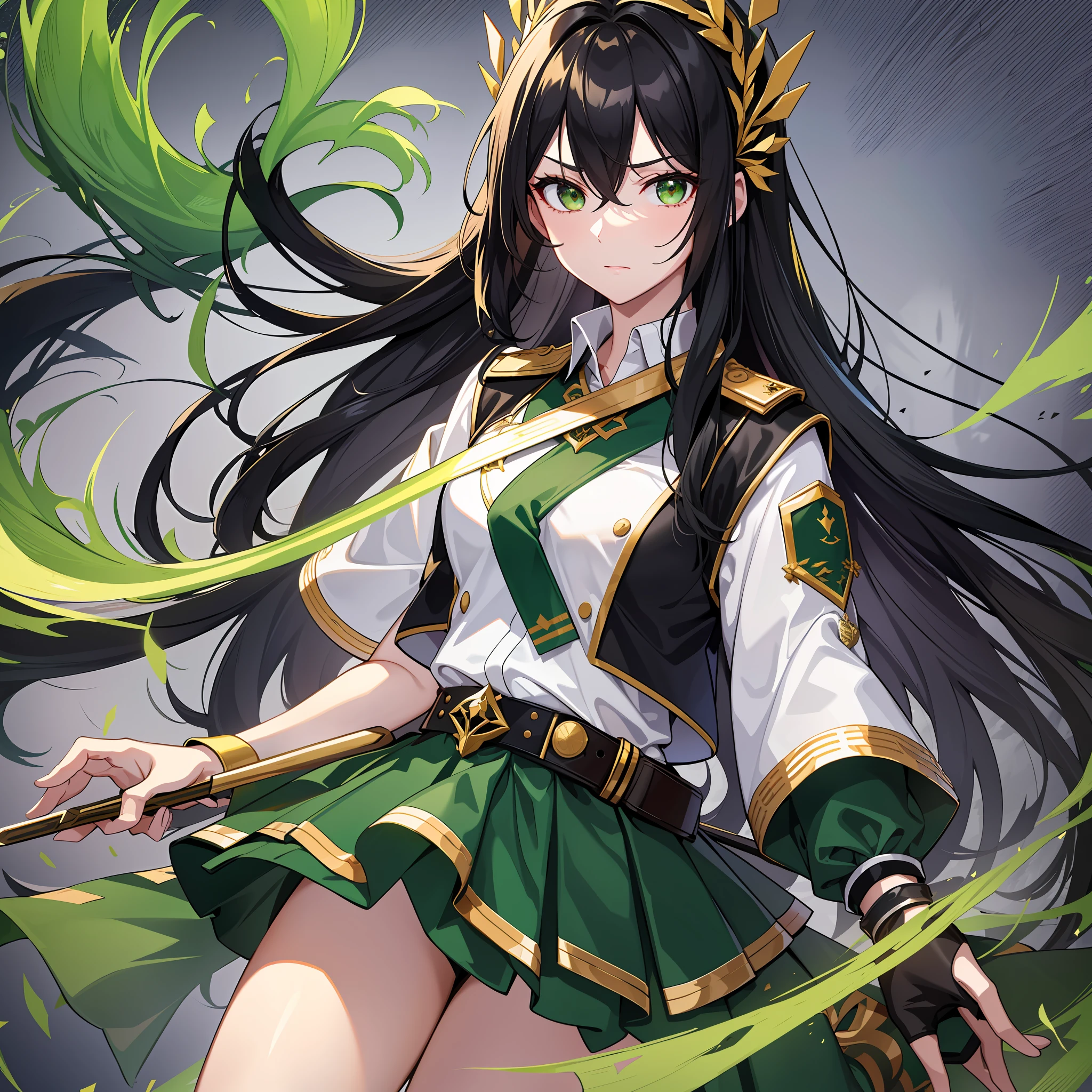 Adult, one female, Long black hair with green line in the middle, white shirt with Rank on the shoulder , short green skirt with gold trim, attack mode With a hand fan, at the dessert storm, Slanted eyes, Glare, masterpiece, variation style