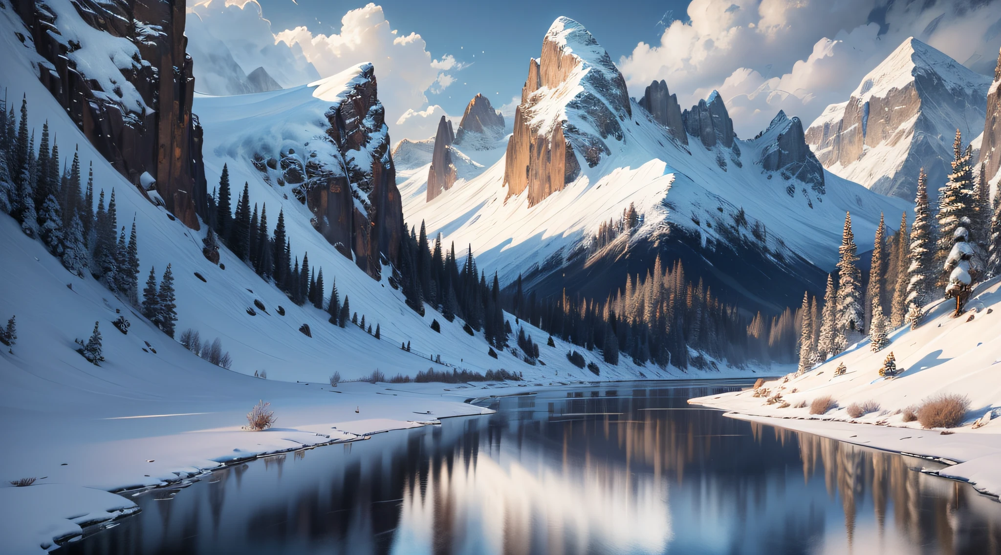 Snowy mountain scene with a river and trees in the foreground - SeaArt AI