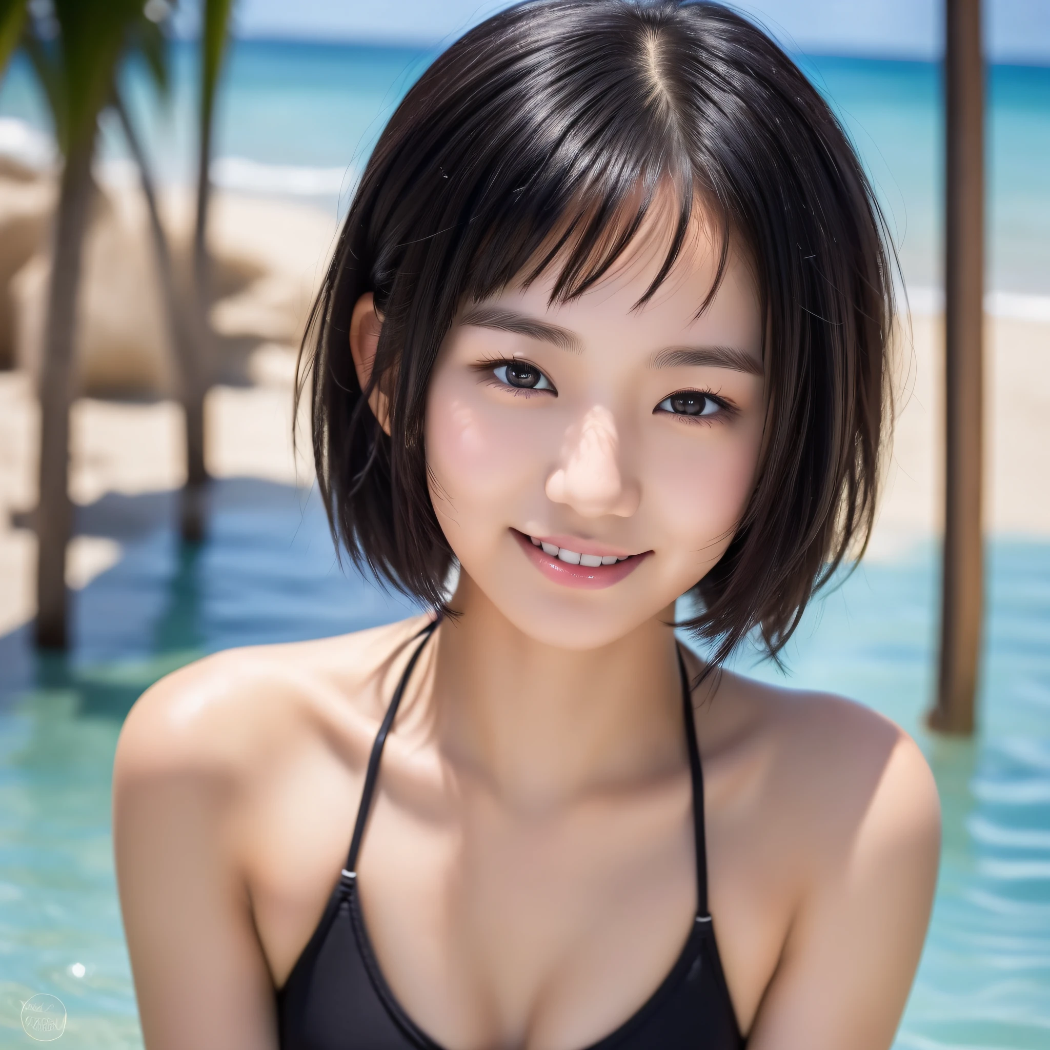 ((Best Quality, 8K)), Beach, 1girl, , cute, Japan, black hair, short hair, no makeup, realistic skin, smile, detailed eyes, bikini, background blur