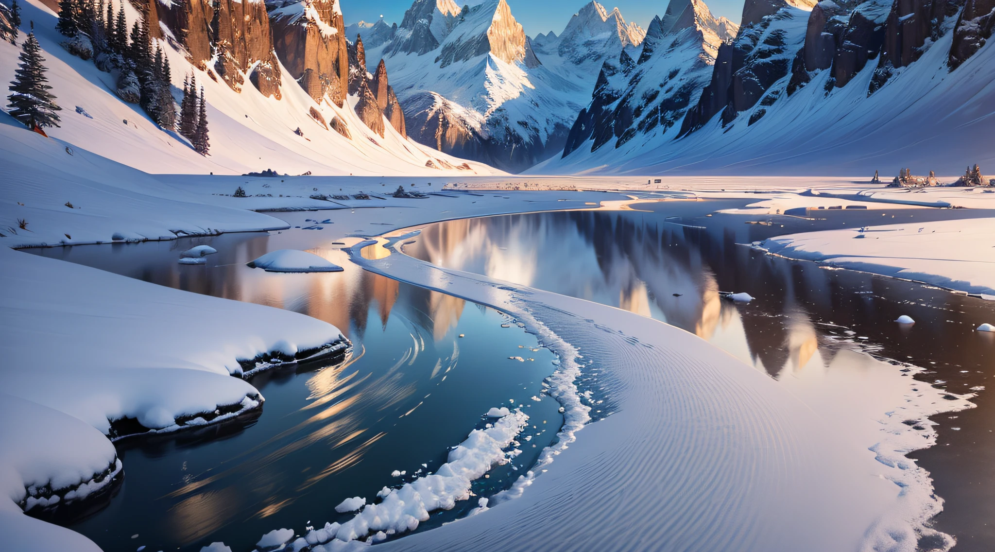 snowy mountains with a river , 4k highly detailed digital art, majestic snowy mountains, 4k hd matte digital painting, beautiful art uhd 4 k, 8k resolution digital painting, 8 k resolution digital painting, 8 k matte painting, 8k matte painting, illustration matte painting, 8k stunning artwork, snowy mountain landscape --auto --s2