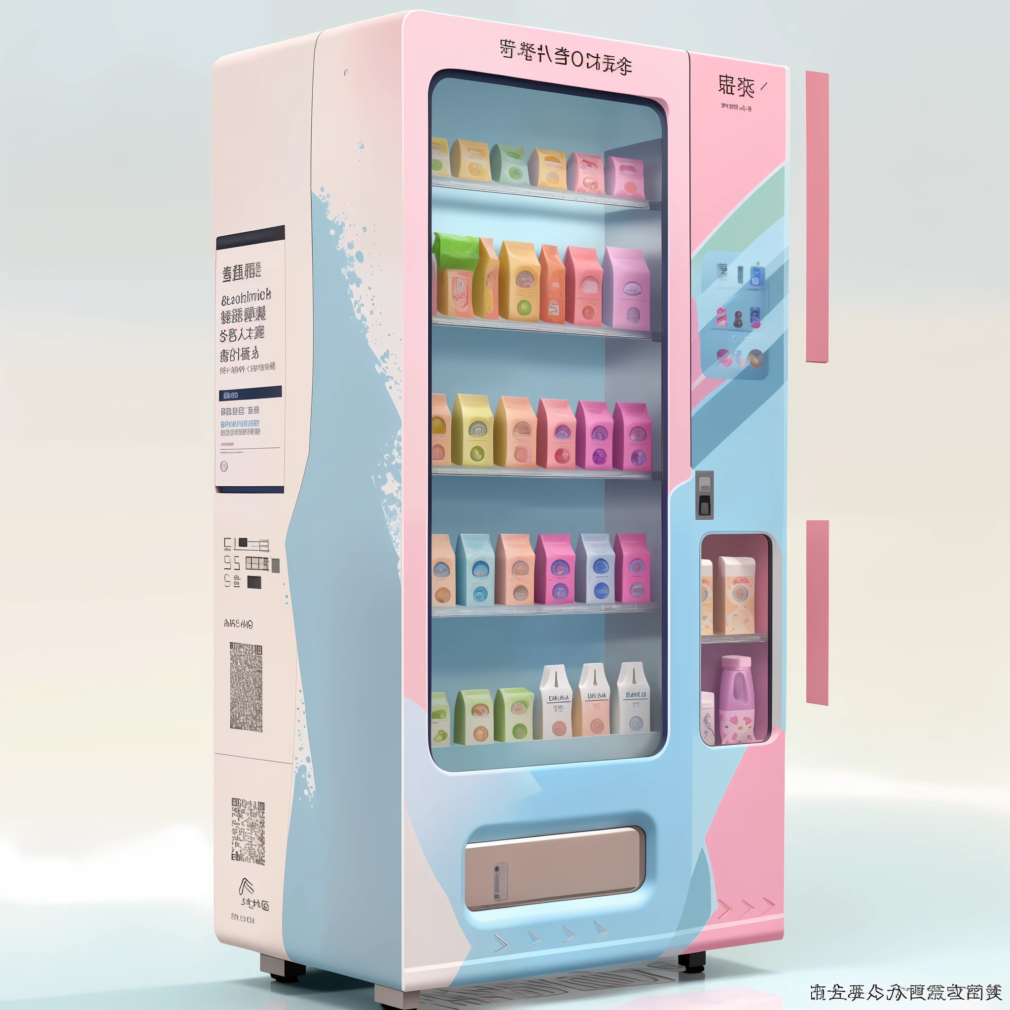 Close up of vending machine with cosmetics and skin care products, 3D product rendering, machine, high quality product image display, vending machine, vending machine, science fiction vending machine, 4 8 0 p, 480p, high quality product, machine, high quality product image", future, high quality, 3D product, f 2.0, large size, cosmetics, and skin care water mixing concept, product rendering, the body has the style of Gu Yu, the body appears reasonable with aesthetic elements, the whole is mainly blue and pink, Color distribution can be 50% each