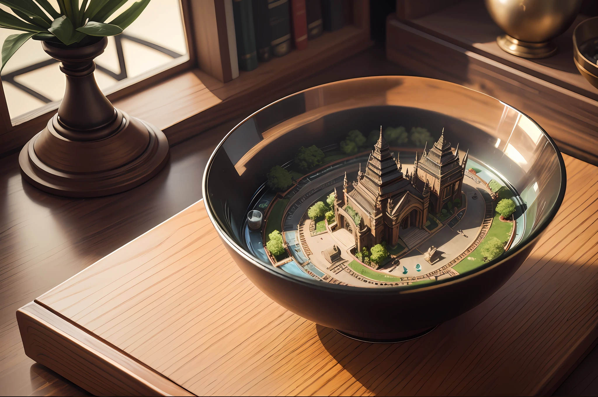 mini\(ttp\), (8k, RAW photo, best quality, masterpiece:1.2), cyberpunk Denpasar city, isometric, miniature, landscape, glass bowl,