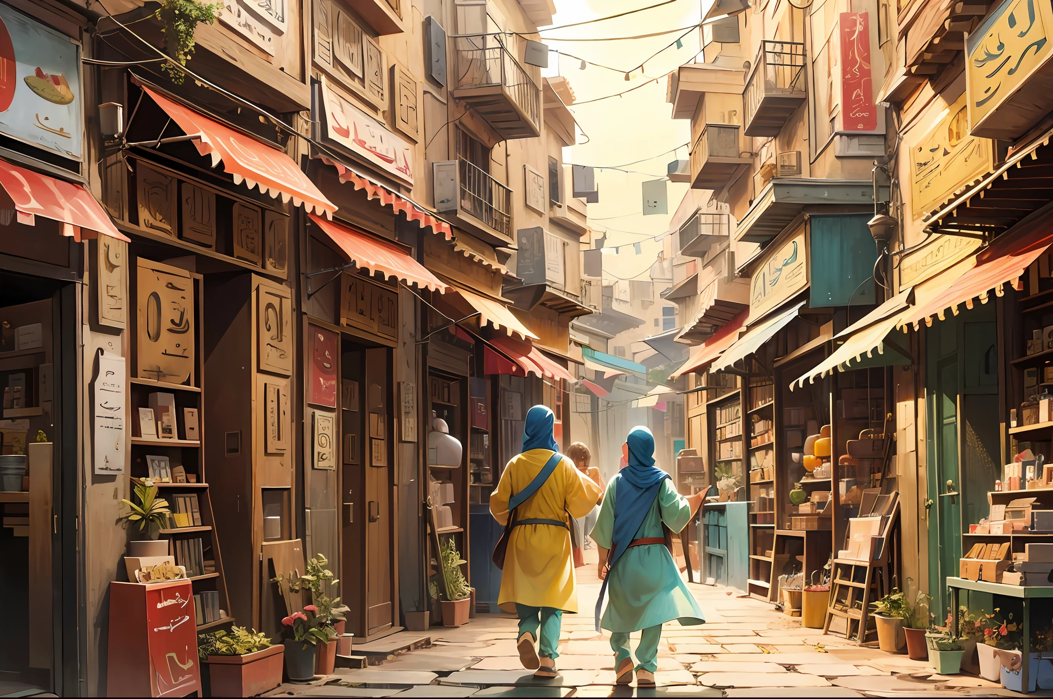 two middle aged Egyptian men in Casbah,  dusty market background, early morning, high definition photo, Maze Guru style --auto --s2