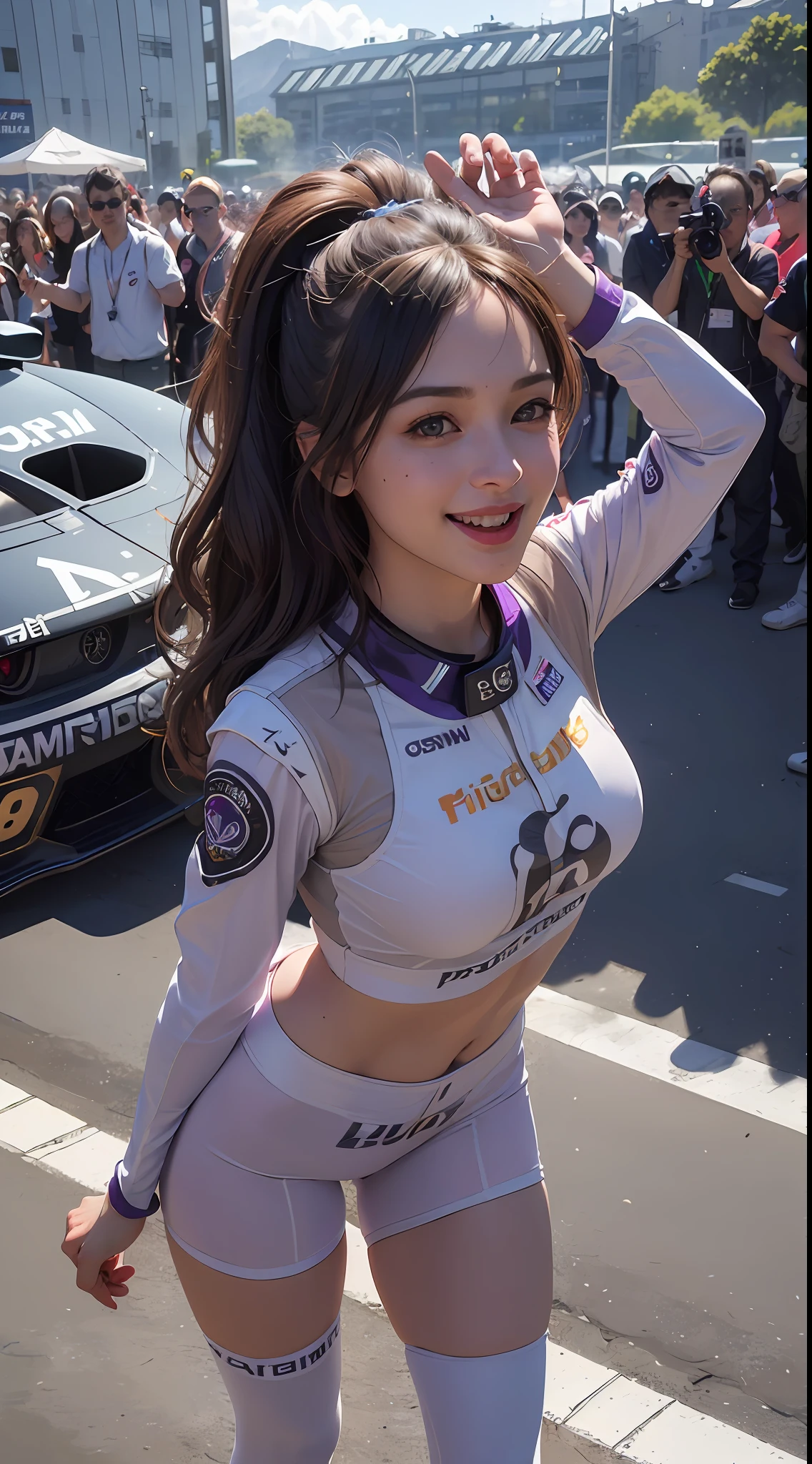best quality, masterpiece, ultra high res, 8K, raw, (photo realistic:1.4), professional lighting, 1 girl, (detailed background:1.5), (at racing circuit:1.3), slender, dynamic pose, cute, 24yo, smile, big black eyes, open mouth, tiny breasts, detailed clothes, (light purple, race queen), (grid girl outfit with sponsor's logo printed:1.3)