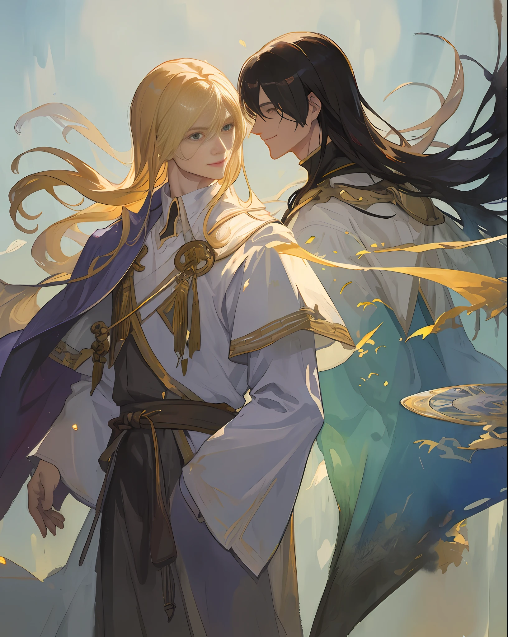 ((top quality, masterpiece)), comic art, concept art, watercolor, two very beautiful young men smiling at each other, blond long-haired young man in robes, mature tall muscular knight with short black hair, smiling, posing, particle, wind, flower, upper body, simple background, looking at viewer, using backlight and rim light