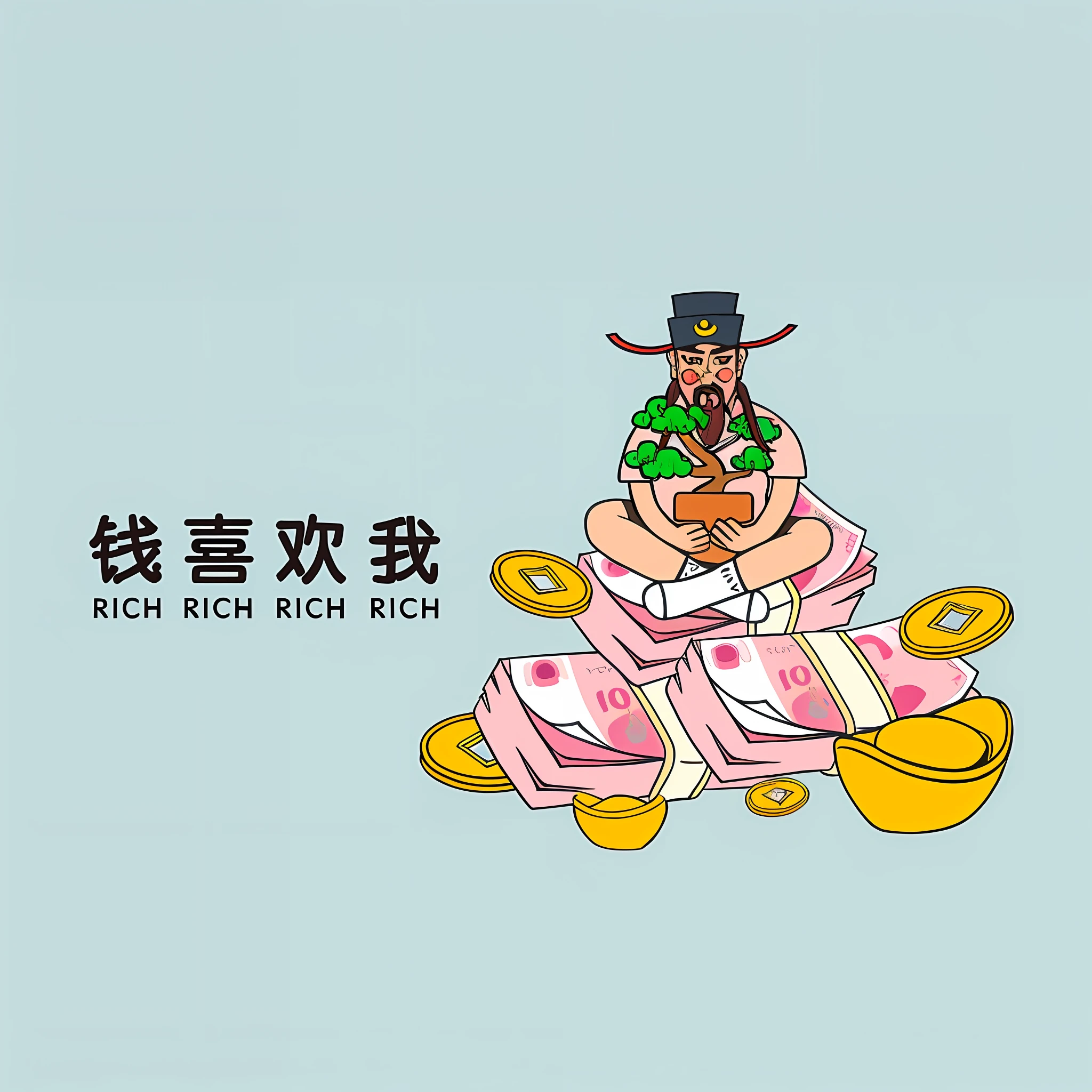 In the manga a man with a hat sitting on a pile of money, the god of wealth, very, very rich, sitting on a pile of money, rich,