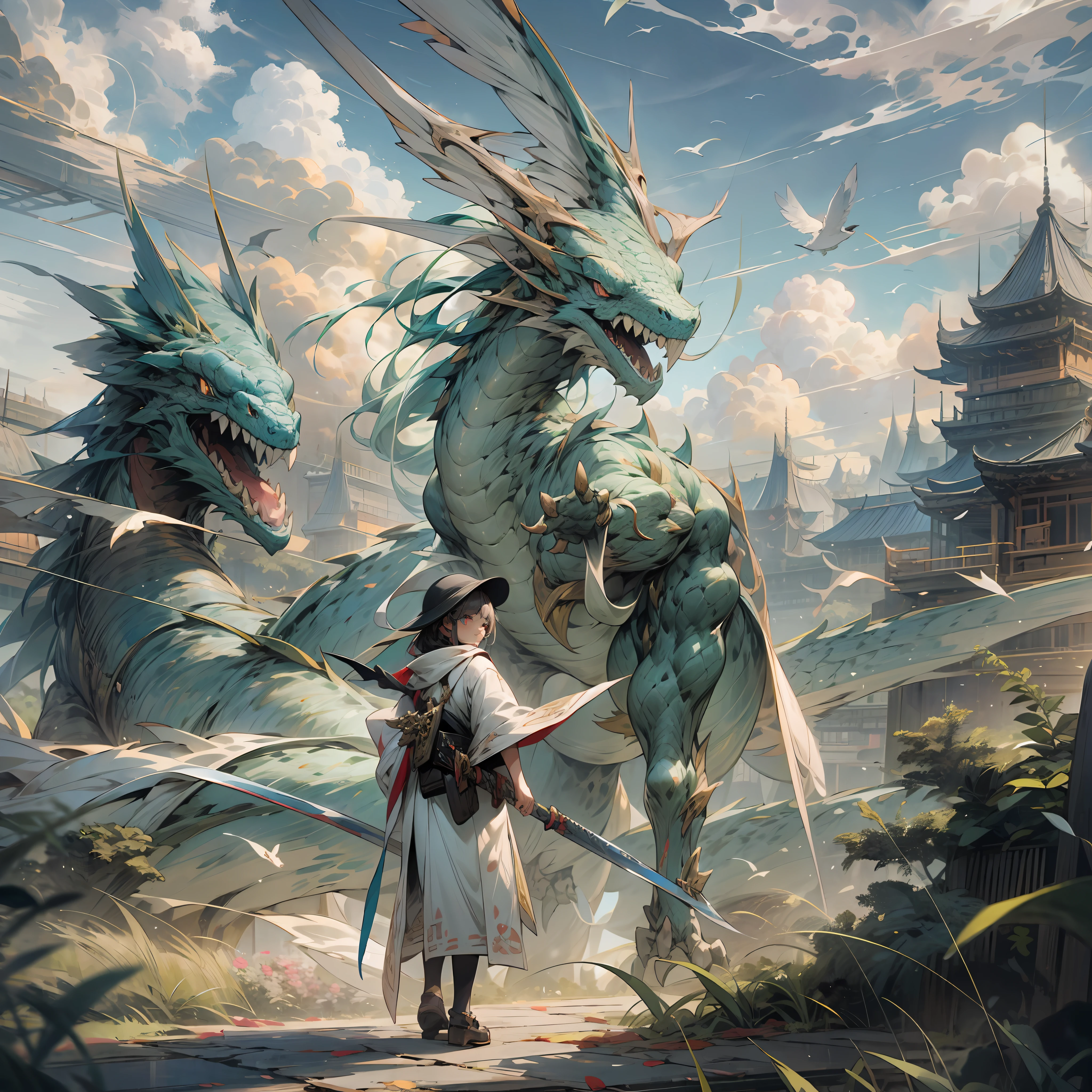 beautiful girl, letterbox, holding, outdoor, bird, standing, cloud, , weapon, , sky, cloudy sky, animal, holding weapon, oriental dragon, monster, 1other, hat, fog, delicate  features
