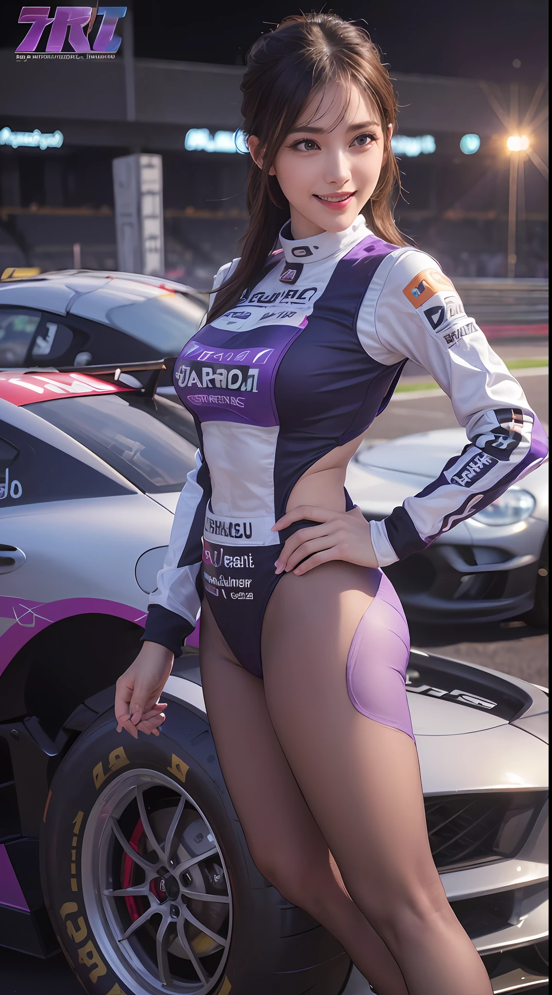 best quality, masterpiece, ultra high res, 8K, raw, (photo realistic:1.4), professional lighting, 1 girl, (detailed background:1.5), (at racing circuit:1.3), slender, dynamic pose, cute, 24yo, smile, big black eyes, open mouth, tiny breasts, detailed clothes, (light purple, race queen), (grid girl outfit with sponsor's logo printed:1.3)