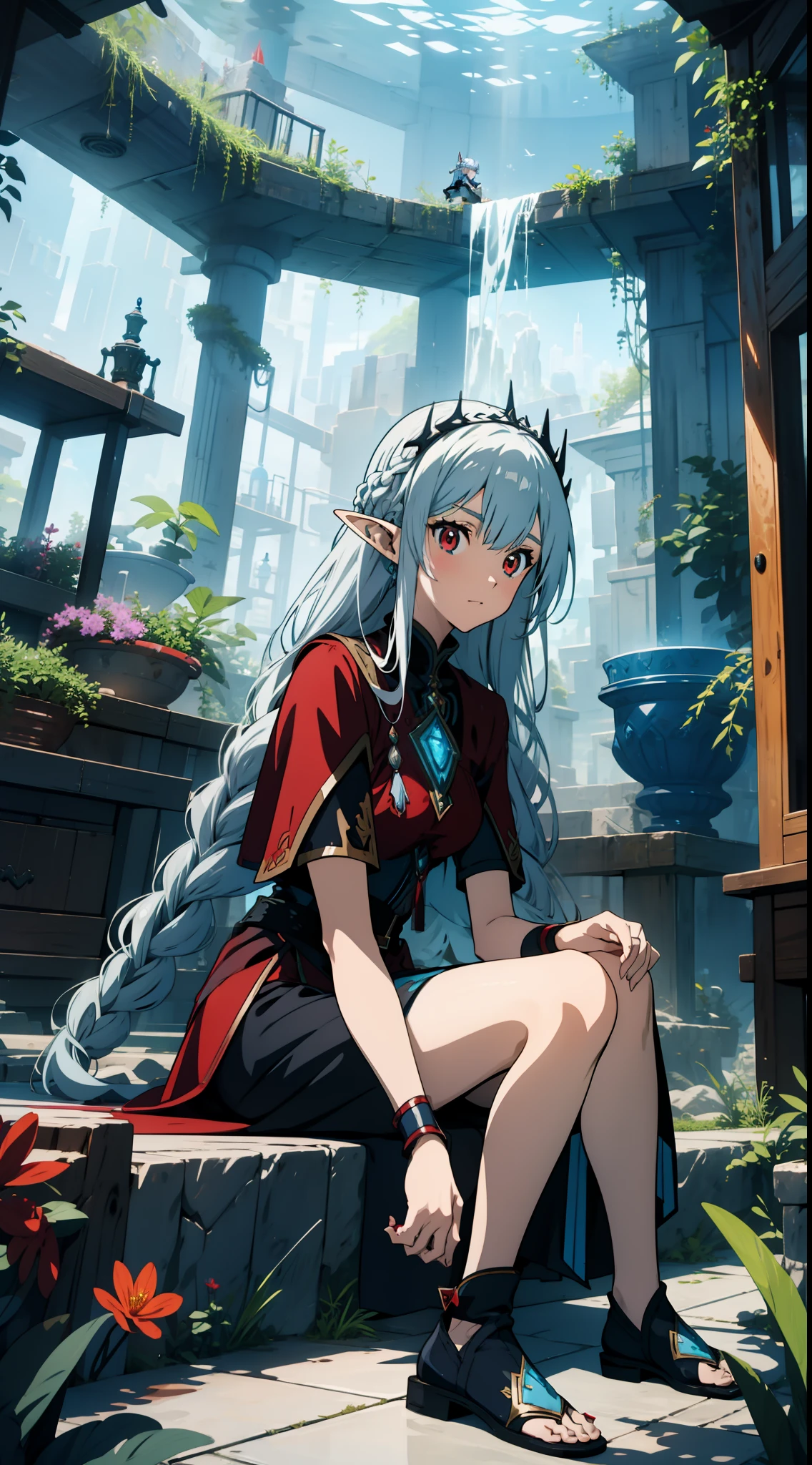 underwater, triangle sitting, one girl closeup, elf, silver hair, red eyes, braids, fantasy style costume, concept art, beautiful anime scene, top rated on pixiv
