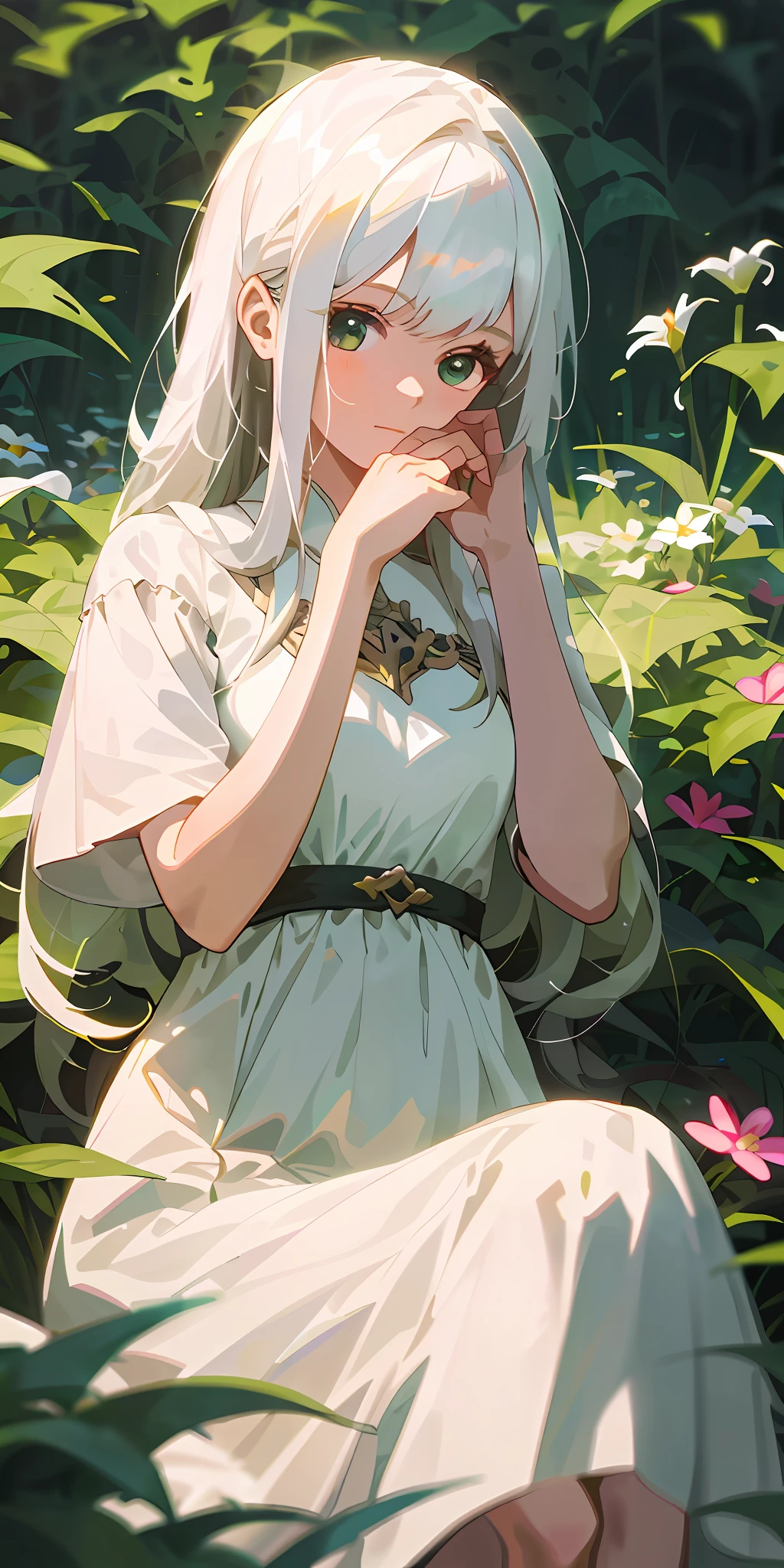 (masterpiece, best quality),1girl with long white hair sitting in a field of green plants and flowers, her hand under her chin, warm lighting, white dress, blurry foreground