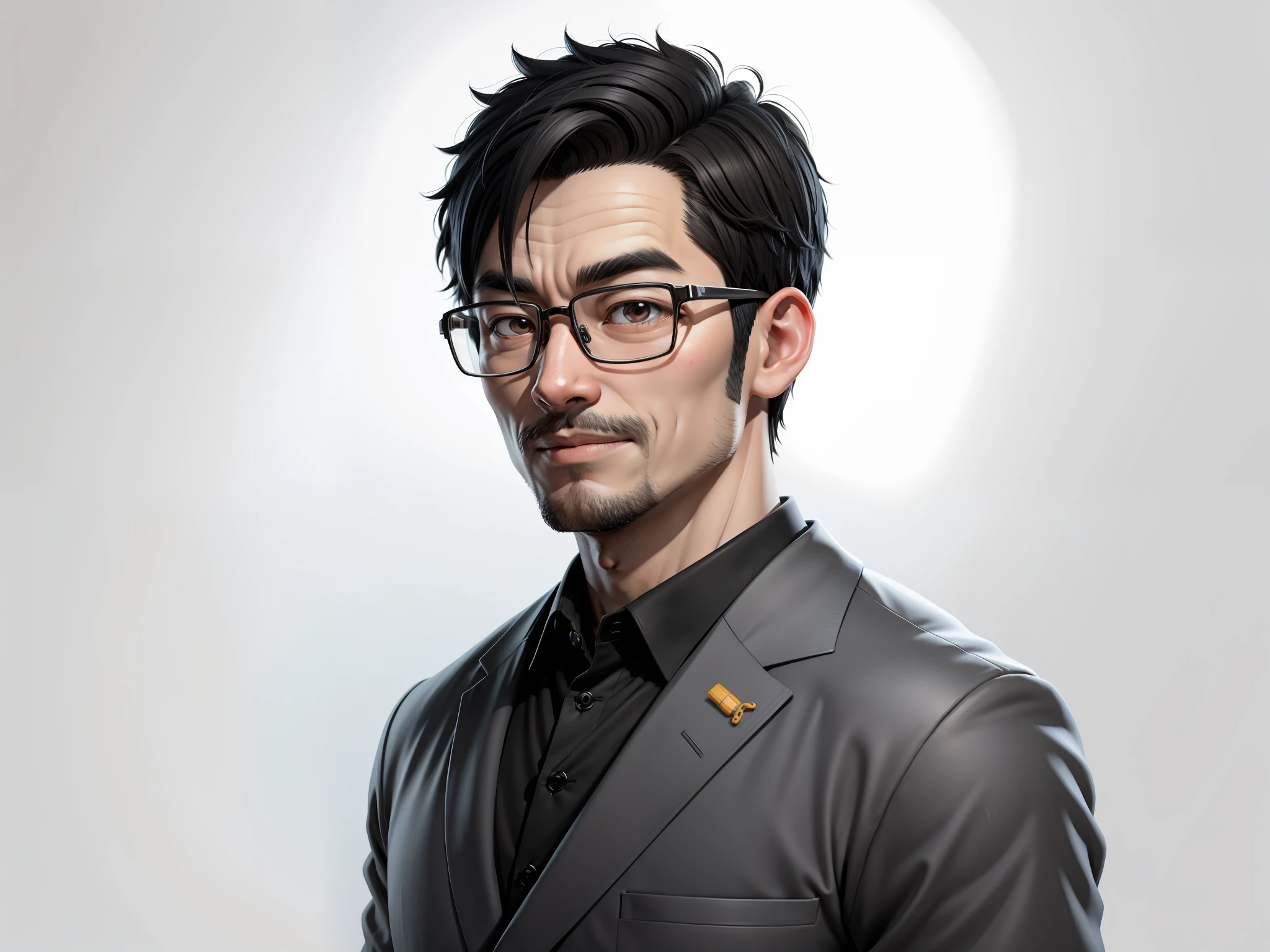 Super young, Japanese man, 35 years old, silver glasses, slightly chubby face, clean face, no beard on chin, black super short hair, black eyes, confident smile, polo cedar, digital painting, film, 3D character design by Mark Claireden and Pixar and Hayao Miyazaki, the illustration is HD illustration in 4K resolution with very detailed facial features and cartoon-style visuals.