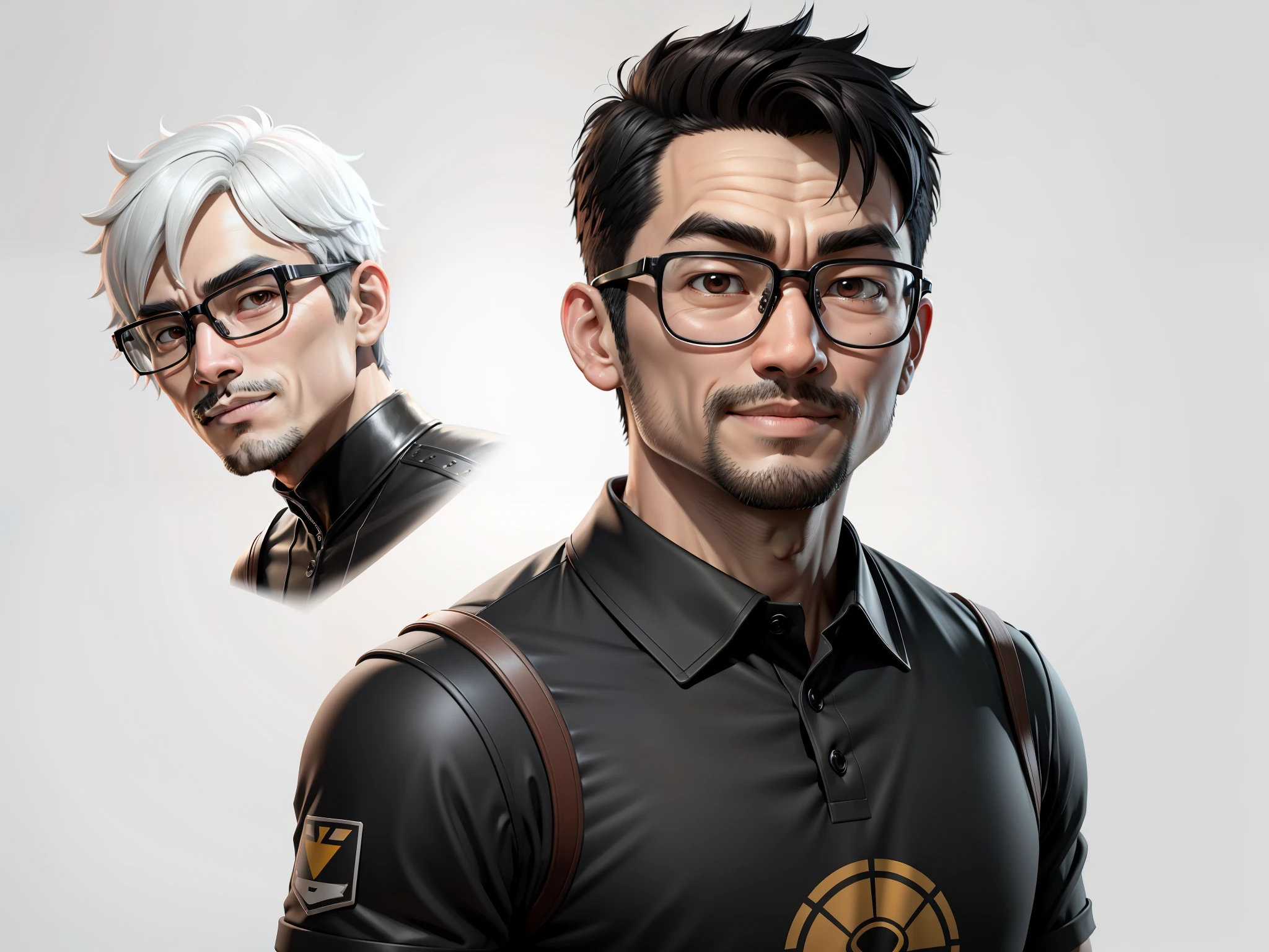Super young, Japanese man, 35 years old, silver glasses, slightly chubby face, clean face, no beard on chin, black super short hair, black eyes, confident smile, polo cedar, digital painting, film, 3D character design by Mark Claireden and Pixar and Hayao Miyazaki, the illustration is HD illustration in 4K resolution with very detailed facial features and cartoon-style visuals.
