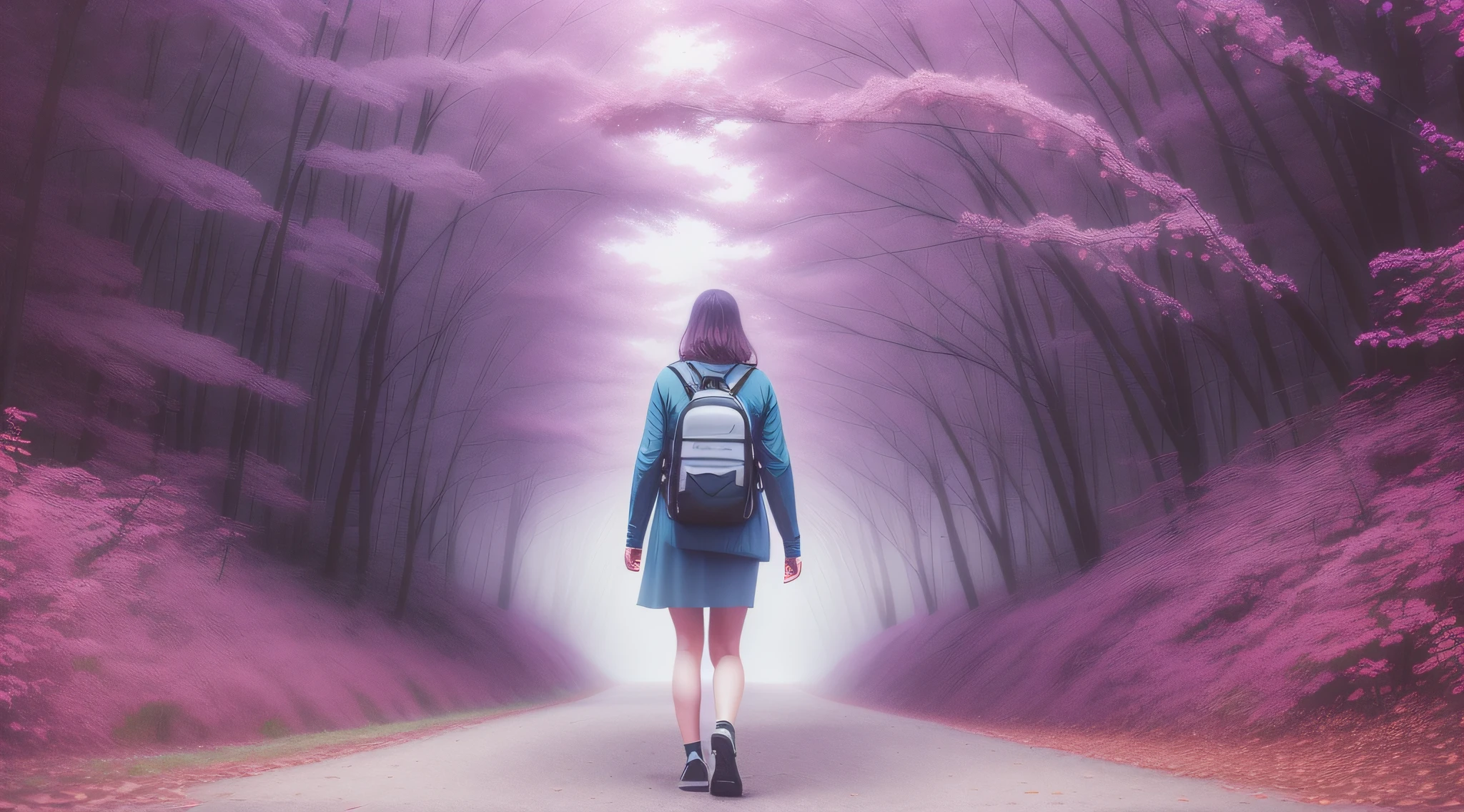 a woman seen on her back , Every little step you take is a breakthrough, dreamy scene, surreal portrait photography, sharp focus, volumetric mist, 8k UHD, DSLR, high quality, film grain, Fujifilm XT3 --auto --s2