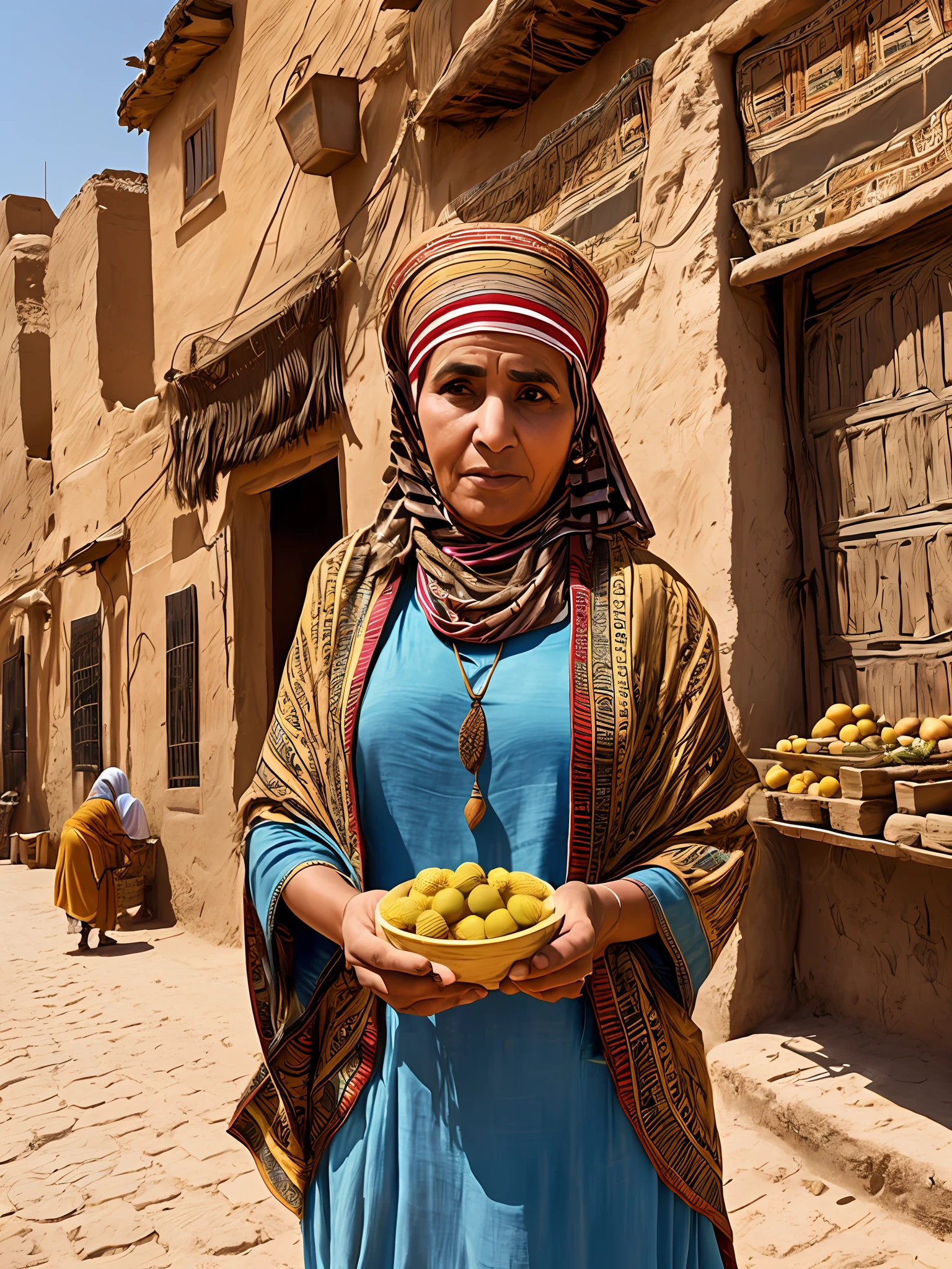 middle aged Egyptian woman in Casbah, selling lemons, dusty market background, early morning, high definition photo, Maze Guru style --auto --s2