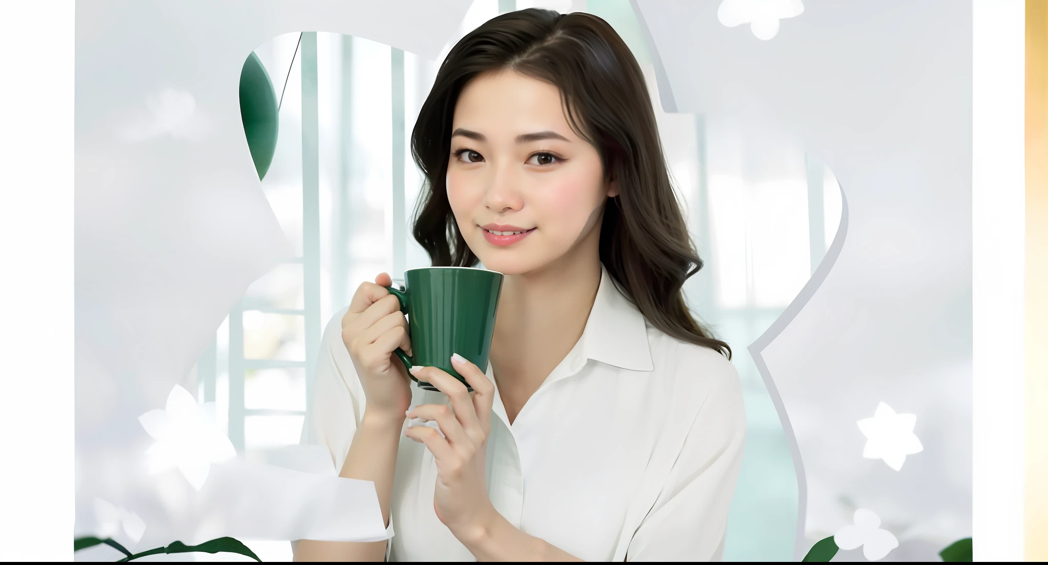 Close-up of a woman holding a cup of coffee, Dillabadir Murat, Dang Meilin, Song Hui-Jing, drinking coffee, woman drinking coffee, inspired by Huang Ji, with a white cup, inspired by Ni Yuanlu, Yunling, Chen Xintong, drinking tea, Li Zixin, holding Boba milk oolong tea, 8k,