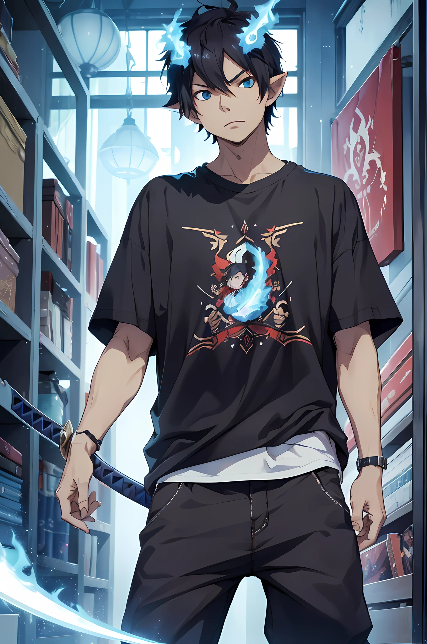 (absurdres, highres, ultra detailed, HDR), masterpiece, best quality, okumura rin, 1boy, solo, handsome, short hair, black hair, loosen t-shirt, shorts pant, flame-tipped tail, katana, surrounded by blue flame,