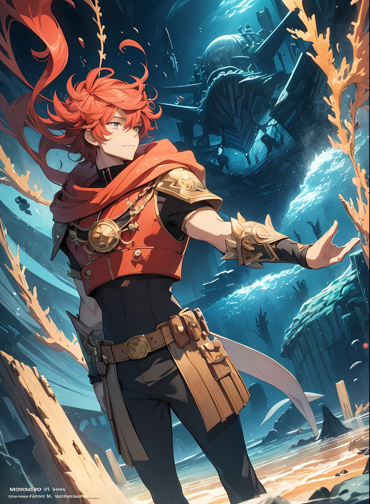 (Masterpiece, Top Quality, Best Quality, Anime Illustration, Official Art, Beautiful and Aesthetic, Detailed Drawing, 1man: 1.5), (Very Beautiful and Strong Man: 1.3), (Adventurer: 1.3), fractal pattern, (Dark Undersea, Horror Taste: 1.2), Man exploring undersea cave, (Undersea cave exploration, treasure hunt), Darkness, Undersea, Deep Sea Fishcoral, bubbles, liquid, light pointing to the seabed, treasure chest