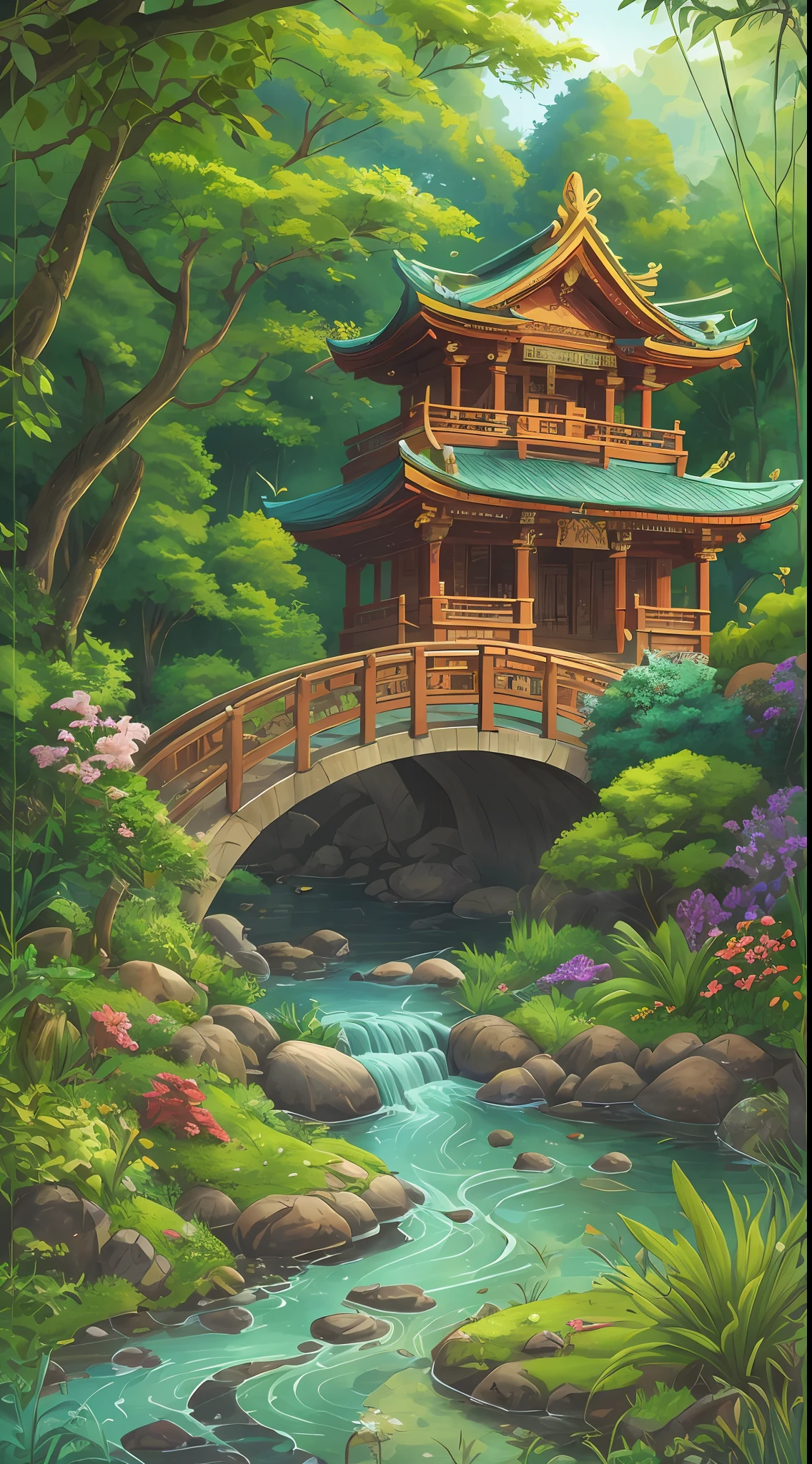 The work depicts a serene temple nestled among lush landscapes. A gentle stream flows through the landscape, reflecting the colorful foliage and rocks. A wooden bridge crosses the water and leads to the entrance of the temple. The atmosphere of the whole scene is quiet and peaceful.