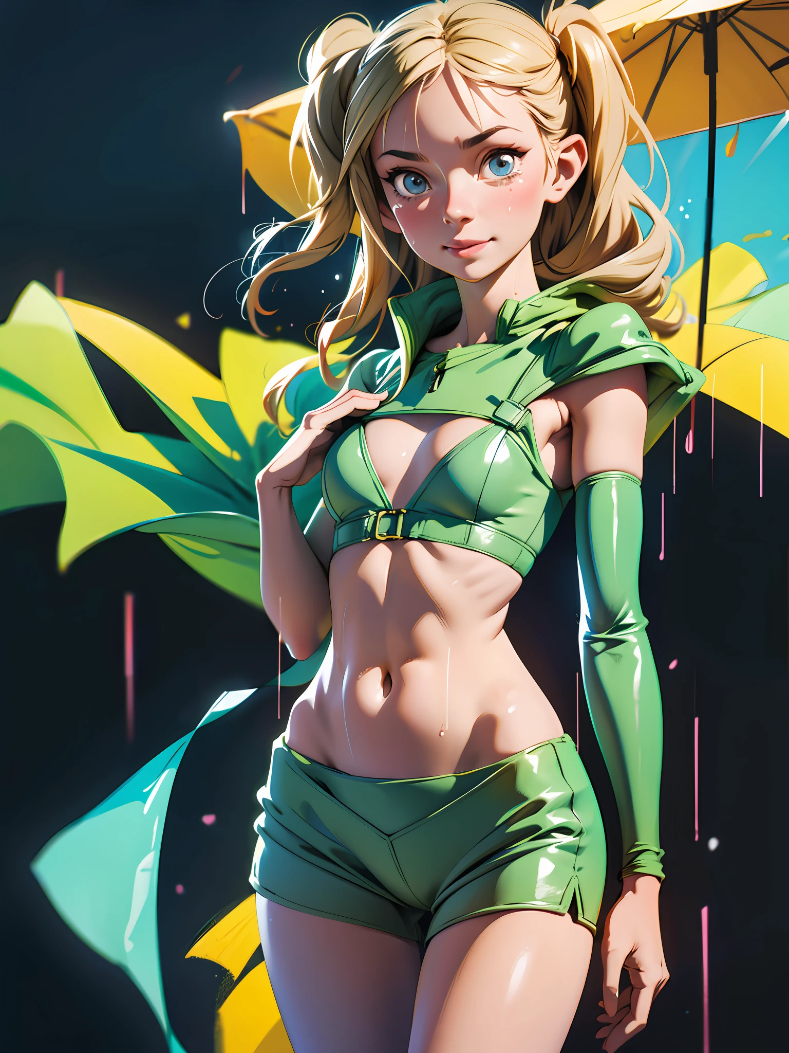 illustration, (smile,:1),(raining,wet,splash:1.3), (string,abs,small breasts,:1.1),(thin transparent wet clothes,sfw),thighs, battlefield, (slim, fit,flat chest, petite,ukranian,) photo realistic, high definition, detailed realistic, detailed, hyper detailed, realistic skin texture, ultra high resolution, high resolution,flag painted, (masterpiece, best quality), face tears,