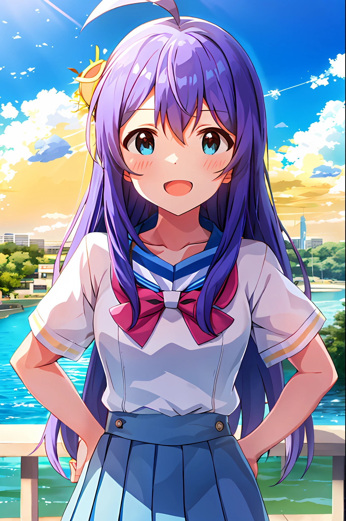 Anna Mochizuki (Million Live), Shiny Trinity \ (Costume), (Best Quality, 8K, Masterpiece, Super Detail: 1.2), Sea, Sun, Mottled Sunlight, Blue Sky, Beautiful Clouds, 1 Girl, Solo, Skirt, Straight Face, Open Mouth, V, Watch Viewer, White Sailor Color, Blue Shirt, Sailor Color, Blue Skirt, Pleated Skirt, Short Sleeve, :d, Shirt, School Uniform, Blush, Serafuk, Clavicle, bow, ribbon, blue bow. (((Outside))).Put your hands on your hips.Stretch your chest.Clench your fists.