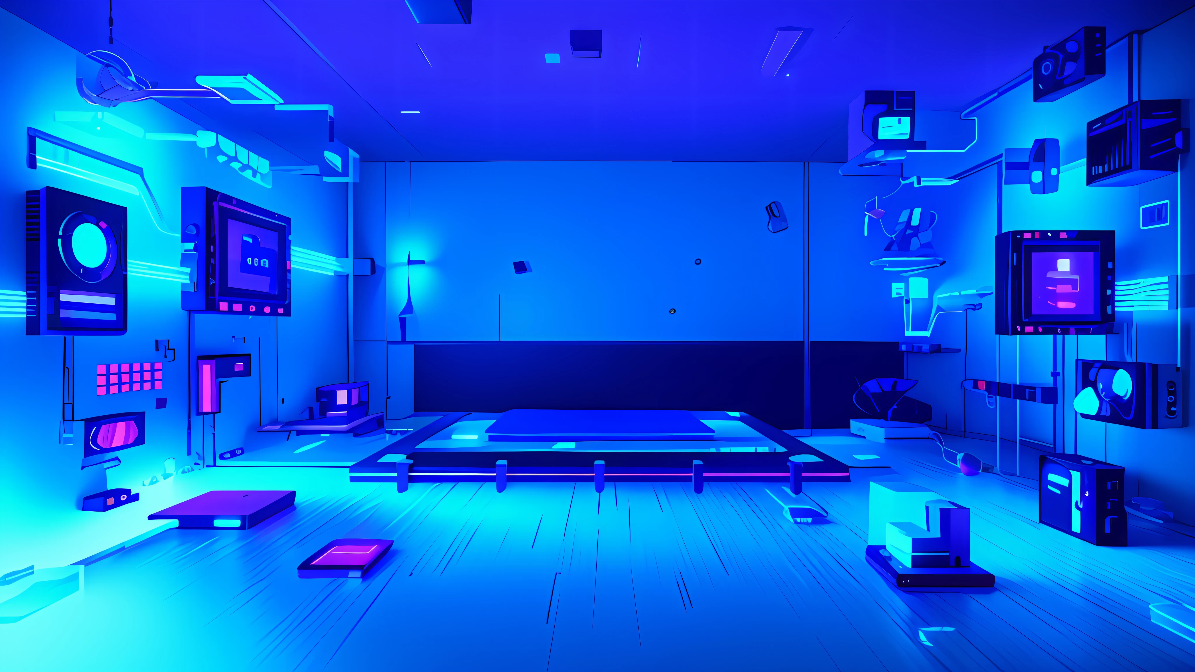 a close up of a room with a lot of different colored lights, virtual metaverse room, brightly lit blue room, 3 d render beeple, beeple rendering, in style of beeple, concept art | beeple, gaming room in 2 0 4 0, isometric 8k, blueshift render, metaverse concept art, futuristic room background