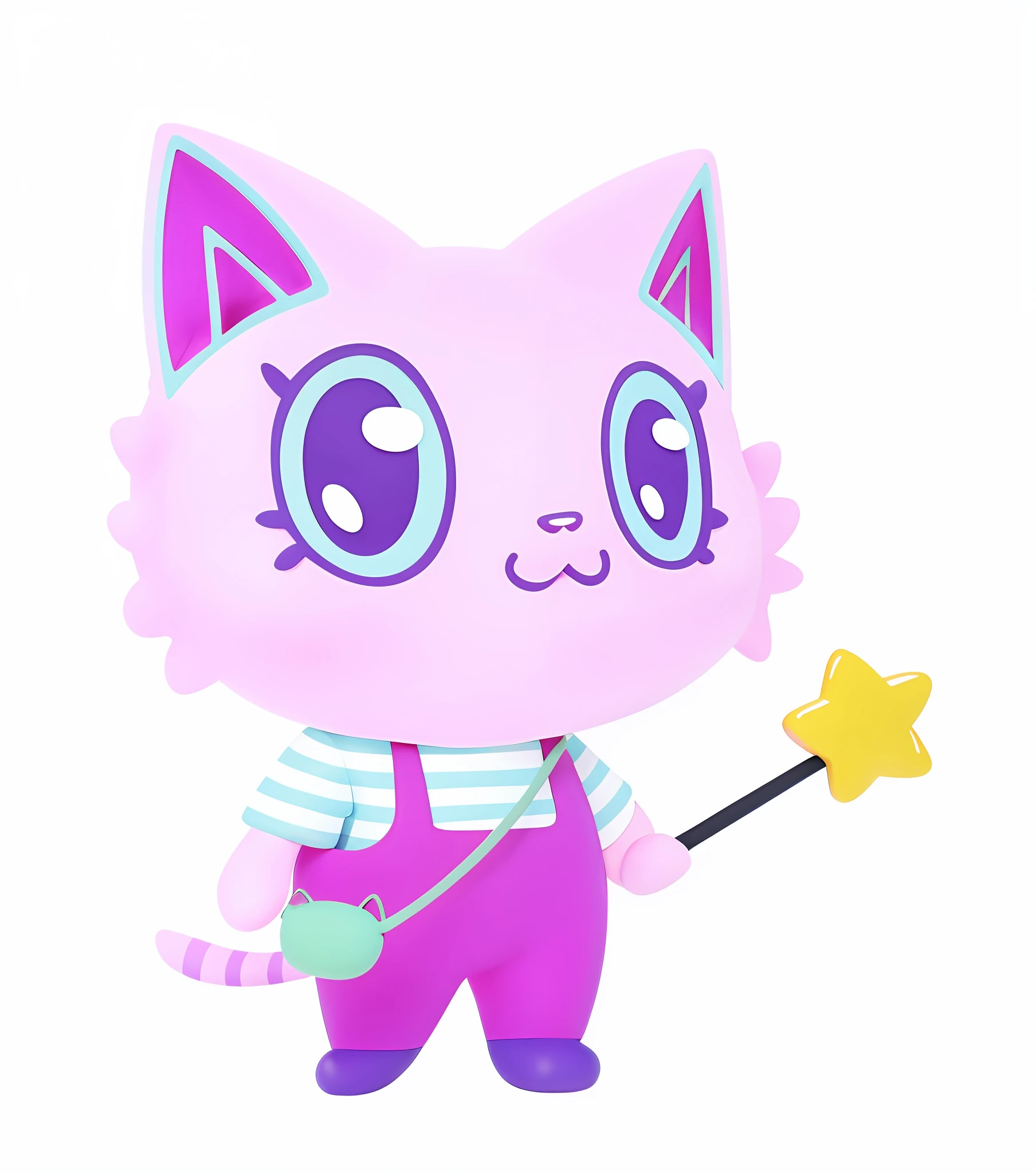 A cute pink cat with big eyes, wearing purple suspenders, green cross-body bag, blue striped t-shirt, holding a magic wand, 3D, cartoon IP