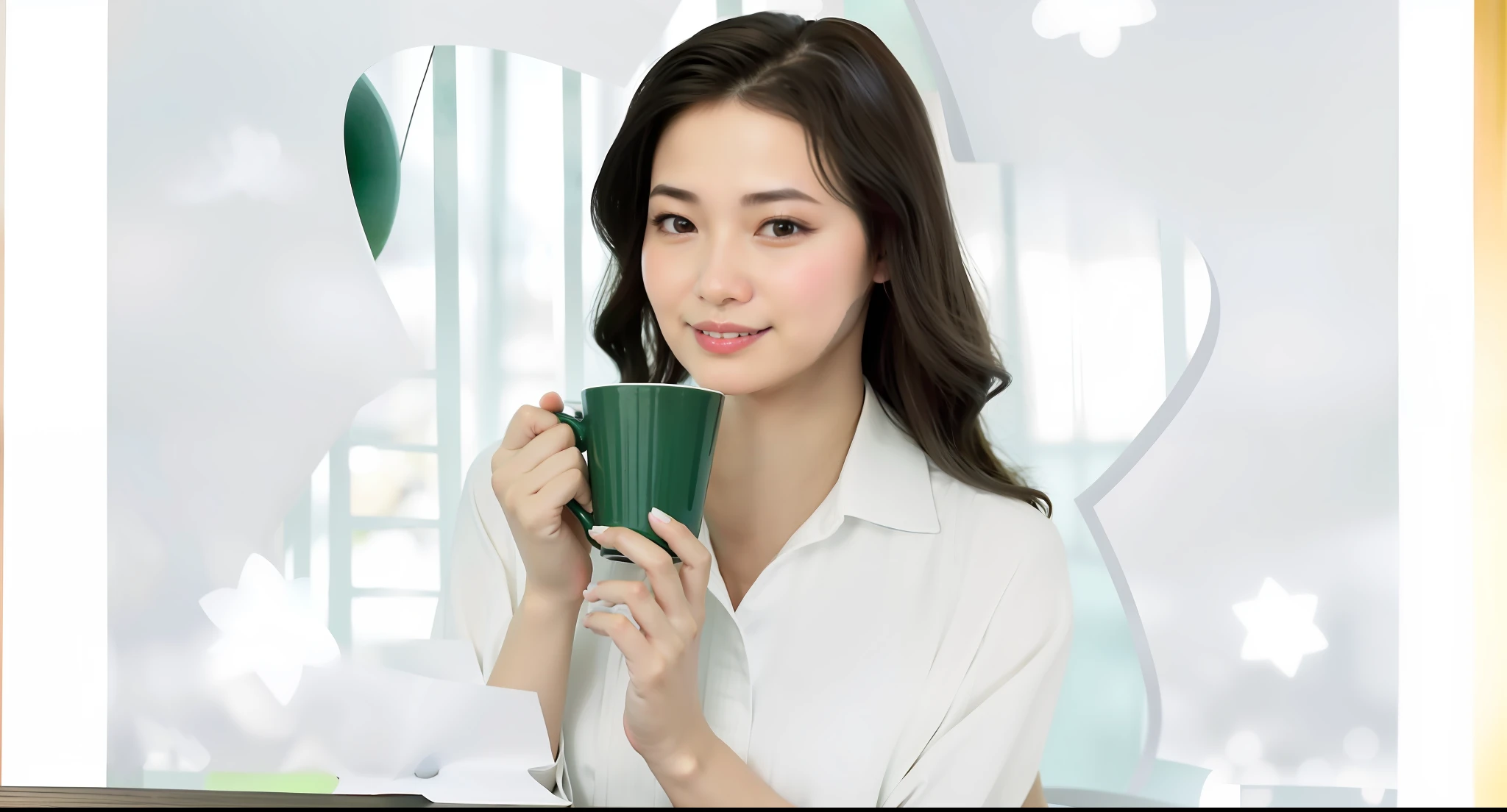 Close-up of a woman holding a cup of coffee, Dillabadir Murat, Dang Meilin, Song Hui-Jing, drinking coffee, woman drinking coffee, inspired by Huang Ji, with a white cup, inspired by Ni Yuanlu, Yunling, Chen Xintong, drinking tea, Li Zixin, holding Boba milk oolong tea, 8k,