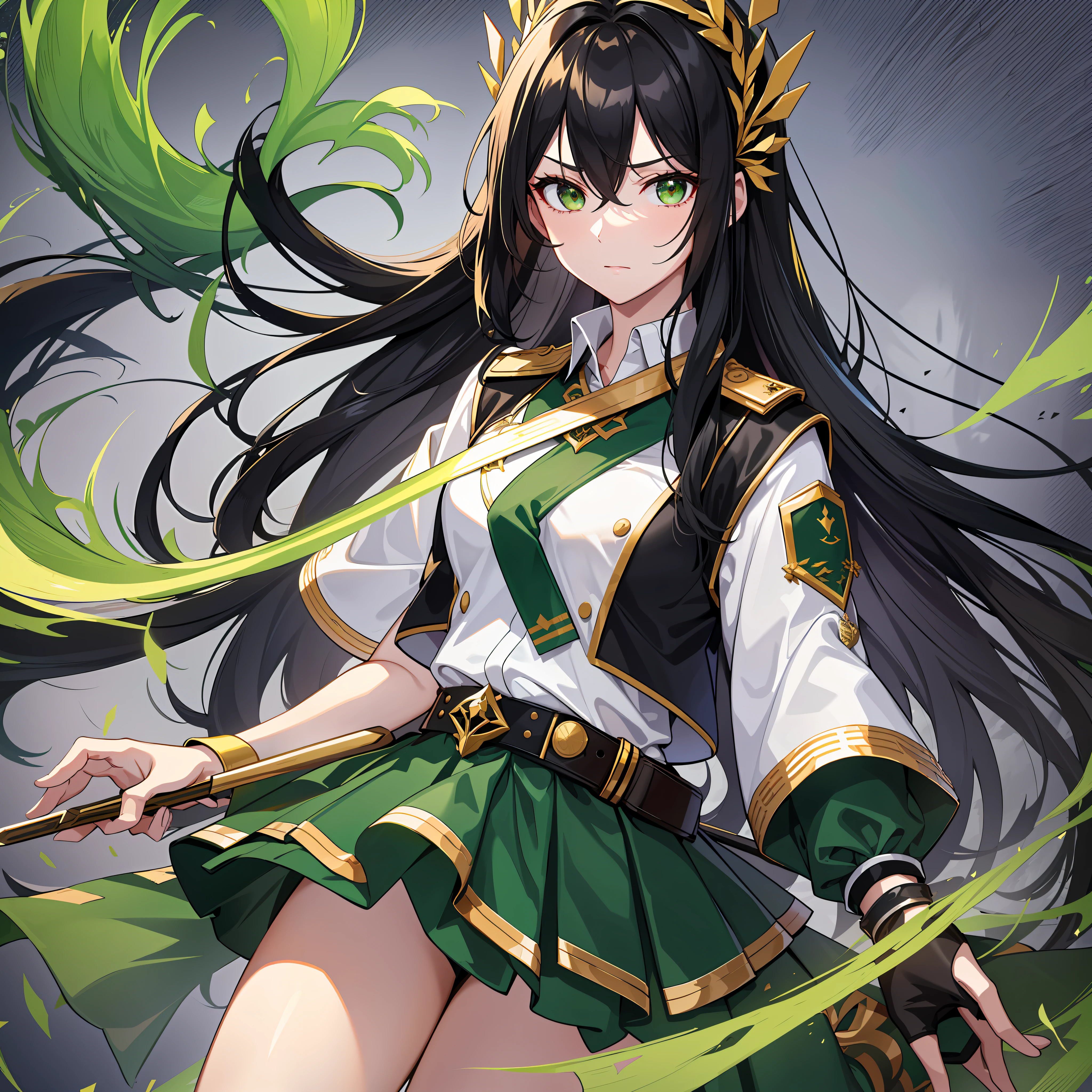 Adult, one female, Long black hair with green line in the middle, white shirt with Rank on the shoulder , short green skirt with gold trim, attack mode With a hand fan, at the dessert storm, Slanted eyes, Glare, masterpiece, variation style