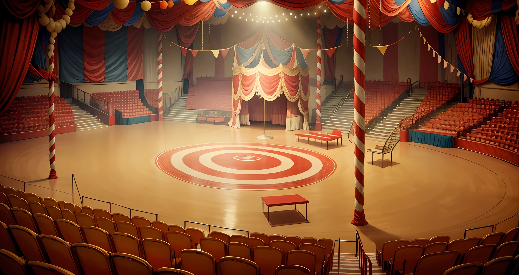 There is a circus tent with red and white striped curtains, circus background, arena background, circus tent, circus, welcome to the circus, gymnasium background, big top circus tent, abandoned circus, inspired by family circus, ballroom background, theater stage, gymnasium background, in the middle of the arena, empty stage, interior background art, theater stage, an indoor scene of a circus, there is a huge stage, 45 degree view stage close-up, highlighting the vitality and excitement of the circus, photography, 3D models, Blender modeling, Disney style, Pixar movie atmosphere --auto --s2