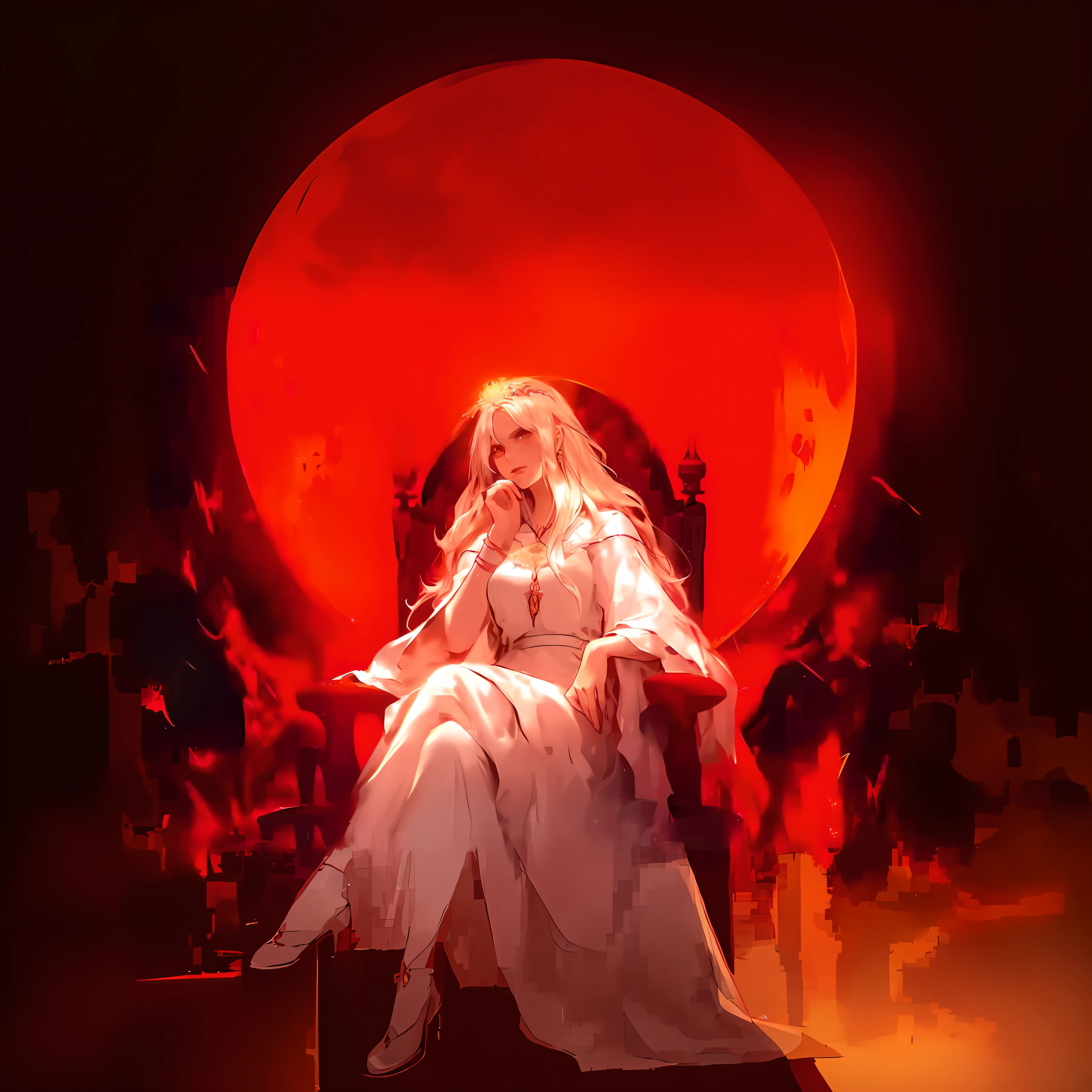 anime, a woman in a white dress sitting in a chair with a red moon in the background, edelgard from fire emblem, edelgard fire emblem, ((a beautiful fantasy empress)), white haired deity, appears as the fire goddess, anime goddess, from arknights, fate zero, a beautiful fantasy empress, fate/zero, beautiful elegant demon queen, guweiz