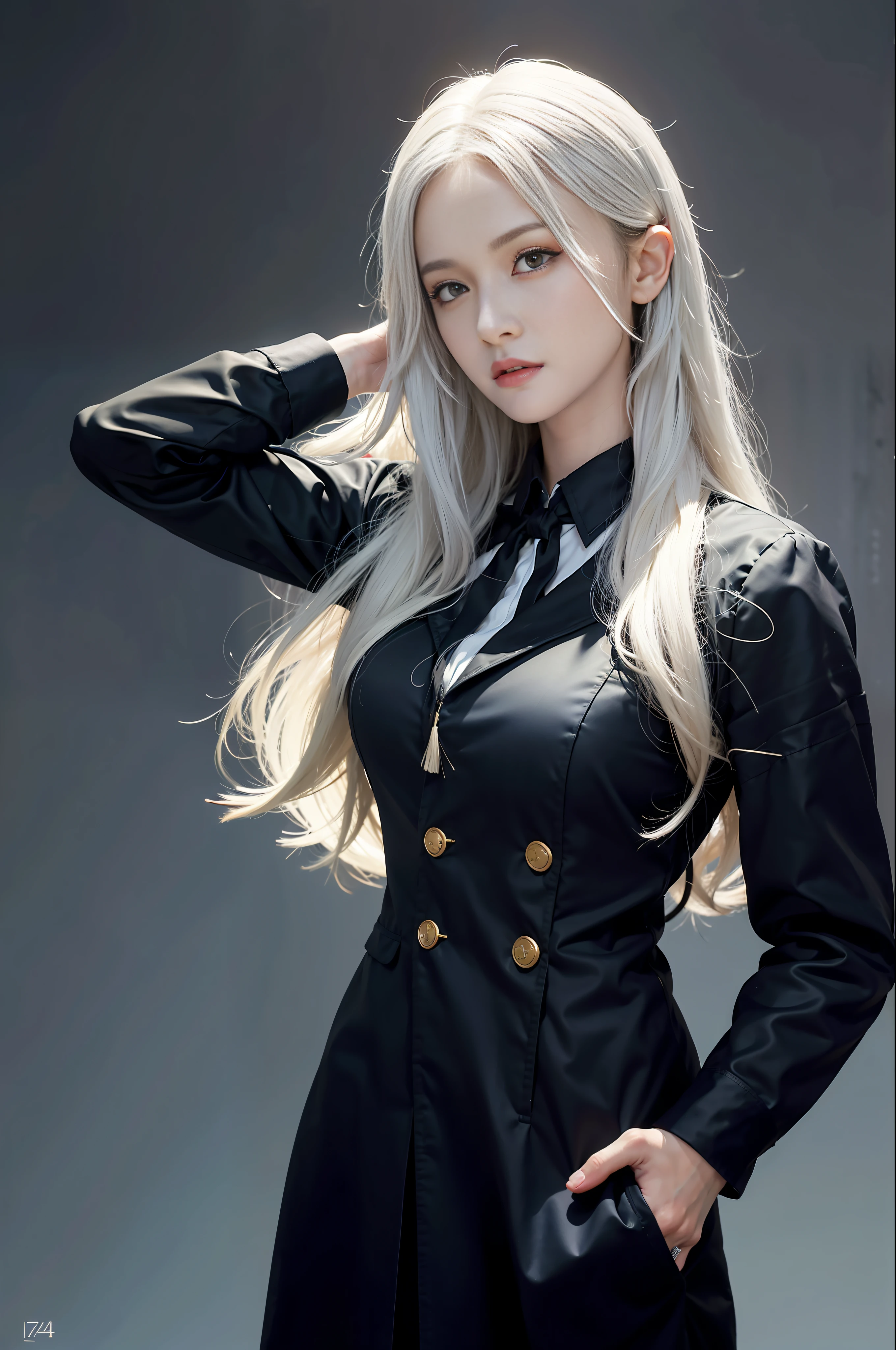 (In the Dark: 1.6), surreal female portrait by David Hockney and Alphonse Mucha, fantasy art, photorealism, dynamic lighting, artstation, poster, volumetric lighting, very detailed faces, 4k, Awarded,, 1girl, in the dark, deep shadow, low key, cowboy shot, (stewardess uniform: 1.4), long hair, white hair, bust, terminal,