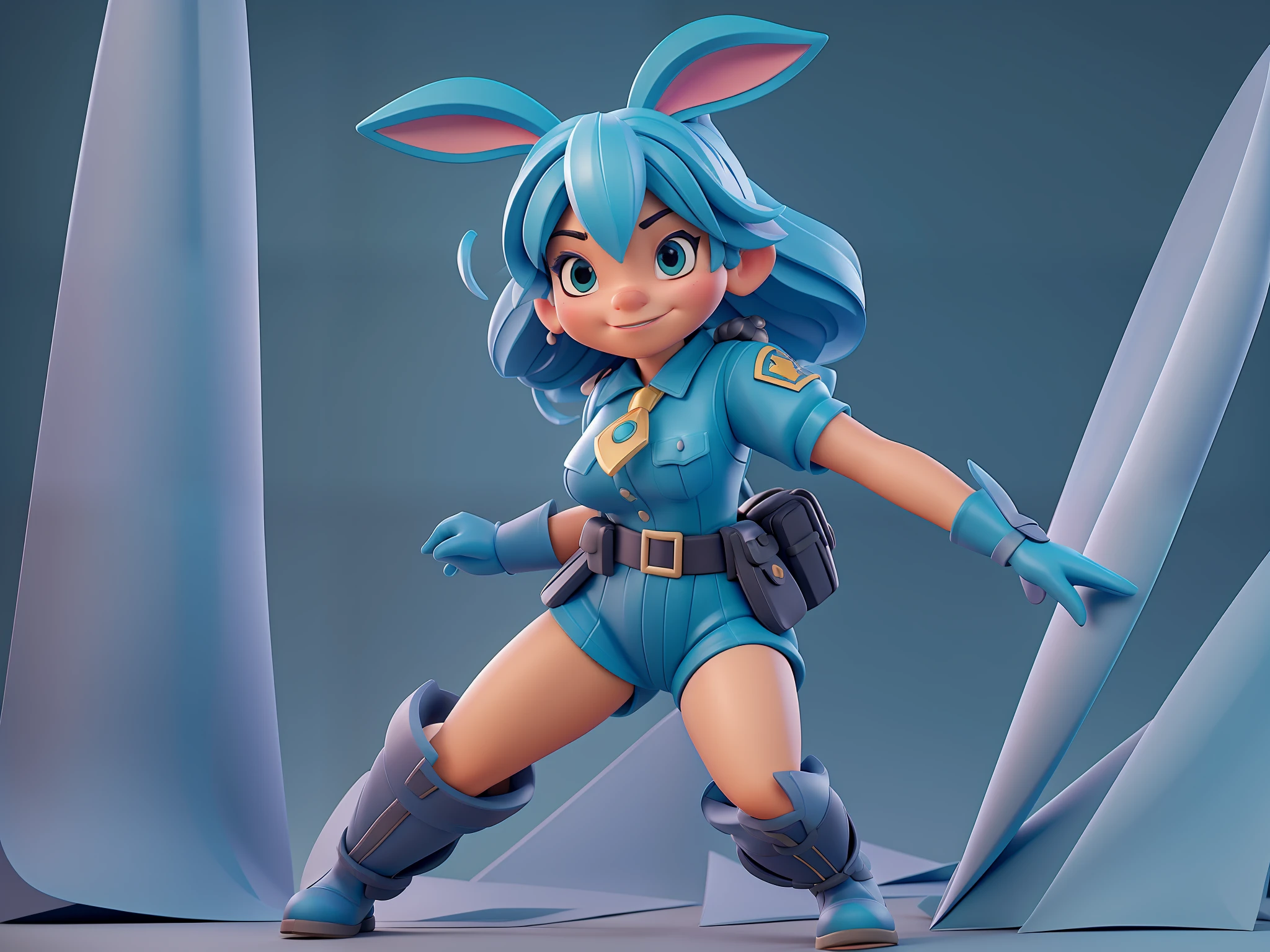 3D sculpting, meticulously crafted, bunny girl, battle standing pose, wearing police uniform, agility, base, Disney style, multidimensional paper fog crafts, ultra-wide view, real, high resolution, 8k