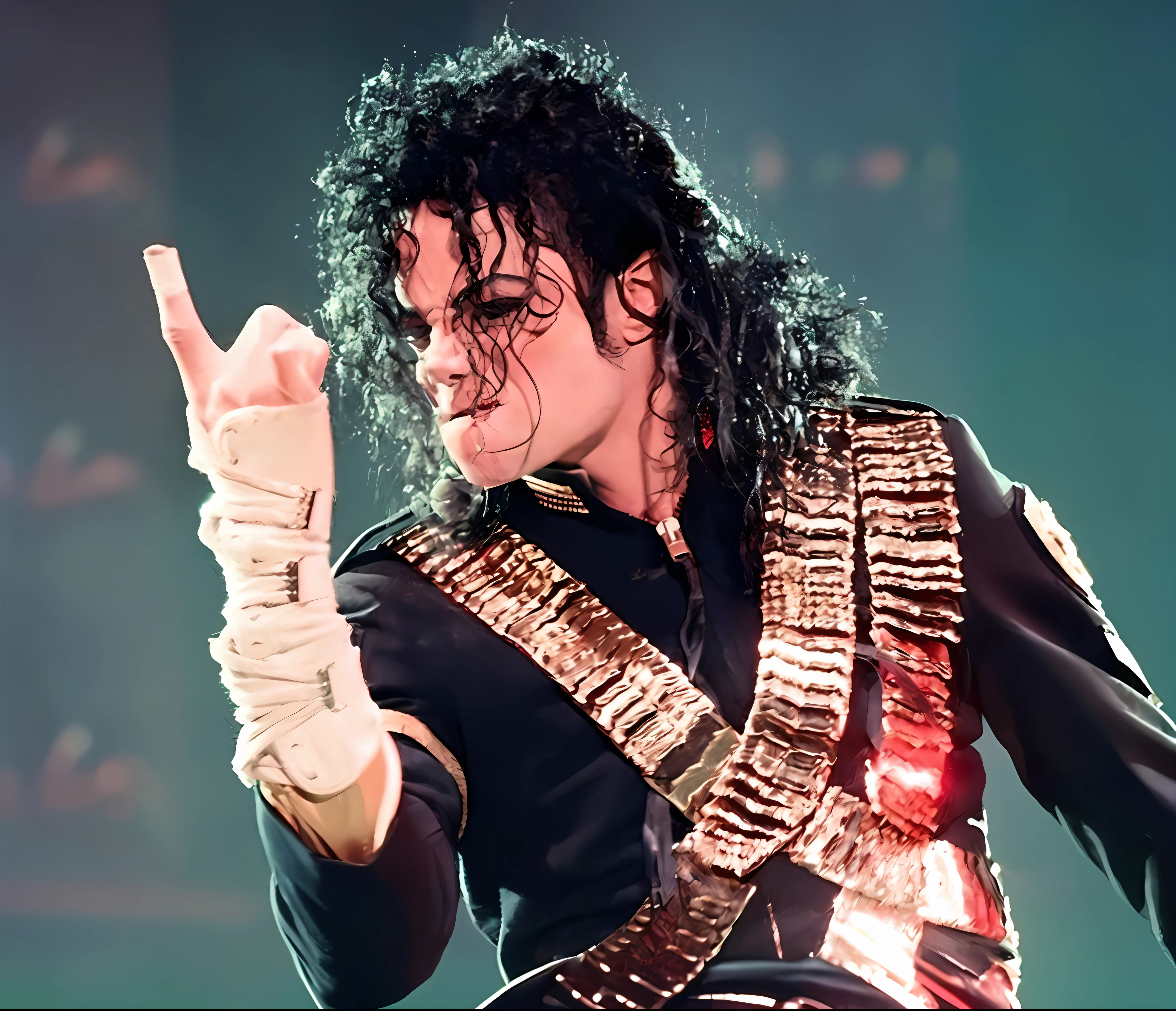 a close up of a person on stage with a microphone, michael_jackson, michael jackson, portrait of michael jackson, michael jackson portrait, michael jackson moon dance, thriller, thriller atmosphere, beautiful!!!!!!!!!!!!, performing, unreleased, triumphant pose, moonwalker photo, proud looking, masterpiece!!!, 1 9 8 9, 1989, by John Mossman