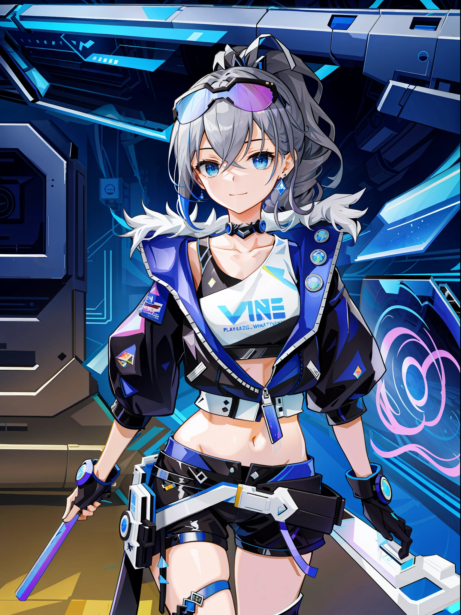 ((masterpiece)), super high quality, curly high ponytail girl, gray hair, cyberpunk style, blowing bubble candy, dressed in cyberpunk street style clothing. The whole painting is full of science and technology culture, the face is grim, exuding a glacier-like aura, petite figure, smile, dynamic posture, golden section, lens highlights focus, large aperture, side light effect, white background, clear details, bright tones, very impactful picture, clear brush, half body, full of details, vivid eyes, light and shadow tracking