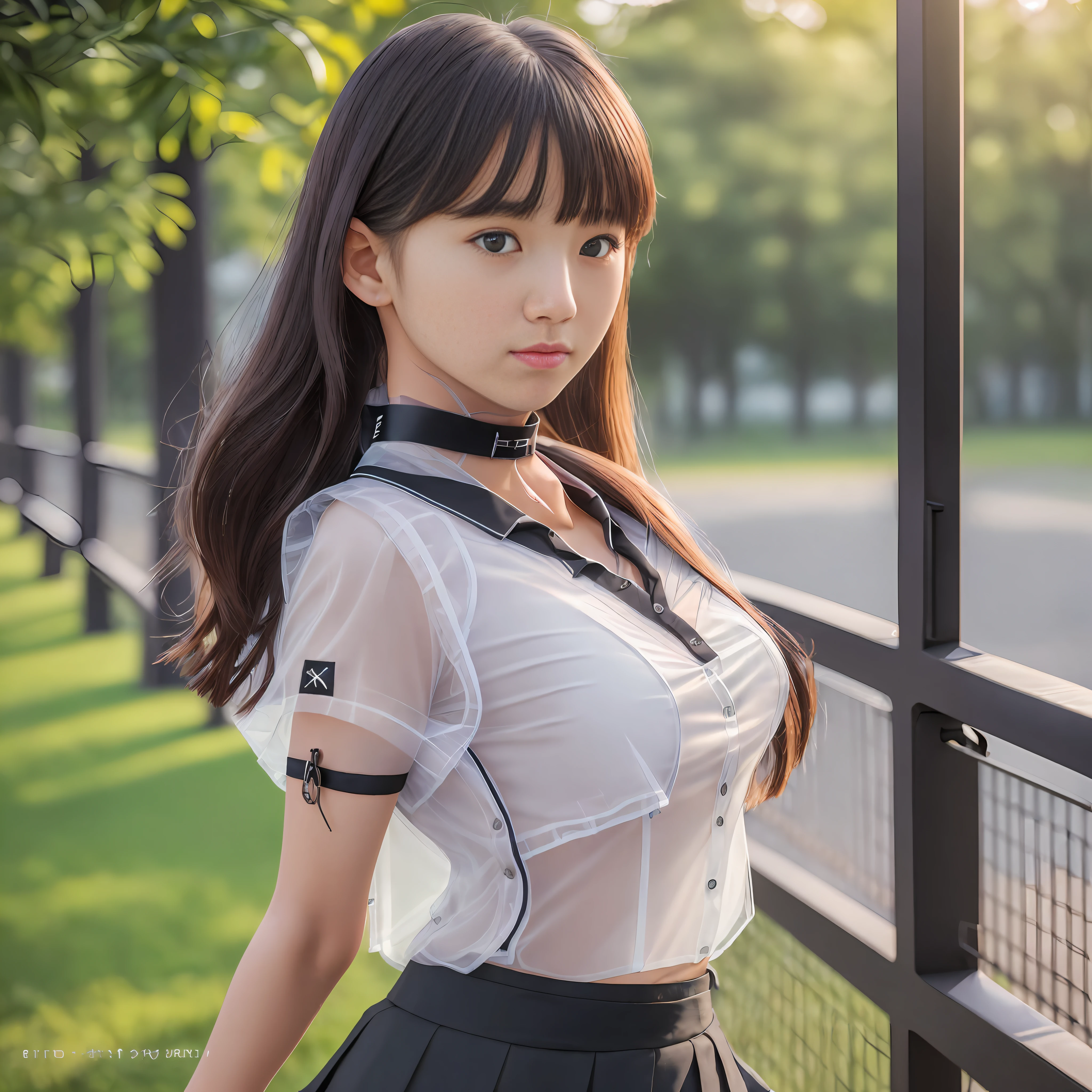 18 years old female, long hair, RAW photo, bokeh (realism: 1.4, realistic), high detail CG unified 8K wallpaper, 1girl, ((slim body: 1)), (small breasts: 1), back to viewer, ((direct view from the front)), (HQ skin: 1.4), 8k uhd, dslr, soft light, high quality, film grain, Fujifilm XT3, ((school uniform, short skirt,choker,see through shirt:1.5)), ((outdoor, at park))) jangjoo, portrait,((Layered short Haircut, black hire,small breast:1.2)),(looking at viewer:1.4),(full body:1.8) --auto --s2