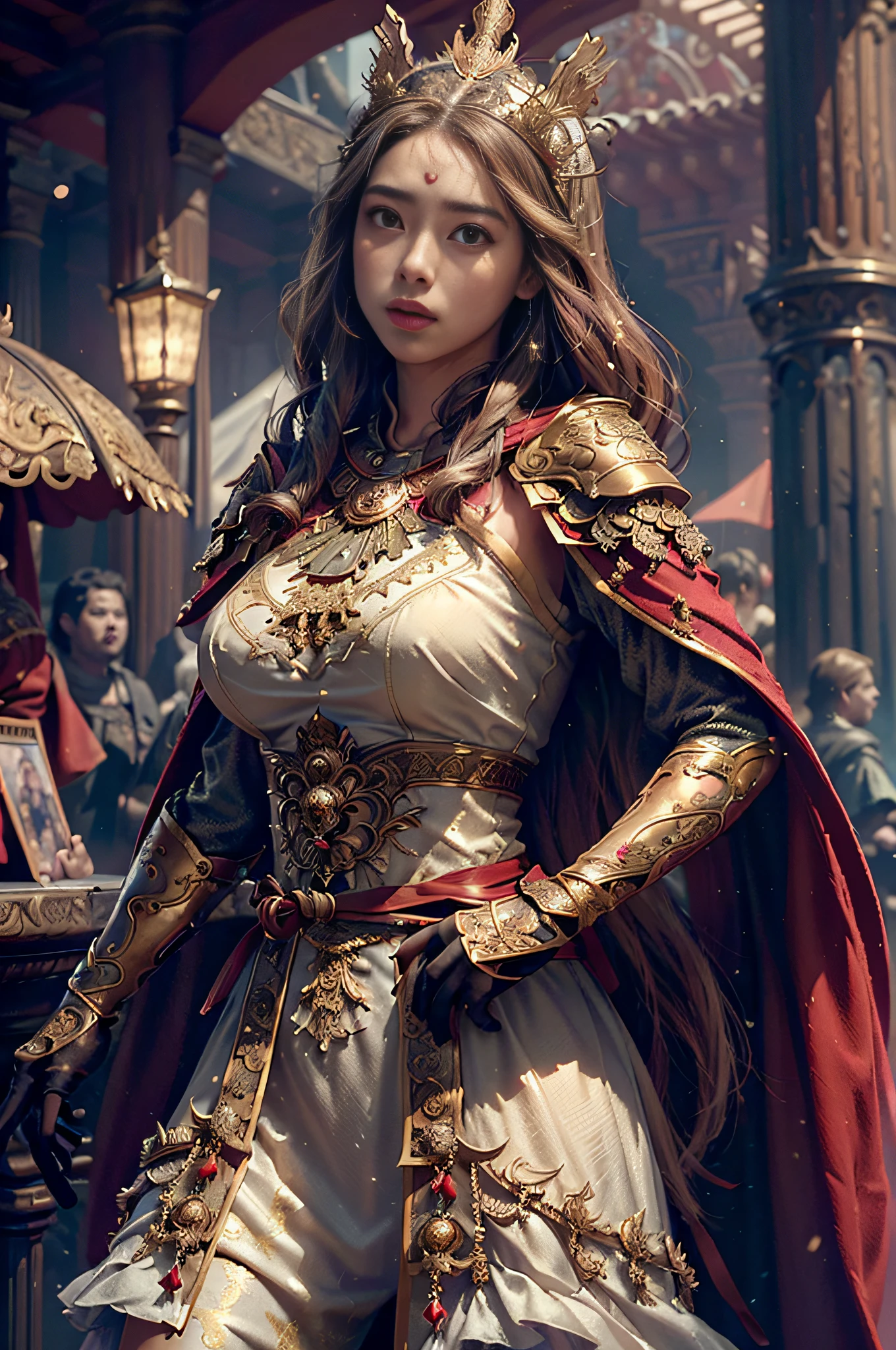 ((masterpiece))), (((best quality))), ((ultra-detailed)), (hyperrealistic), (highly detailed CG illustration), cinematic light, photorealistic ,extremely beautiful young lady, light makeup, big breast,  intricate detailed eaba, red cape, spear