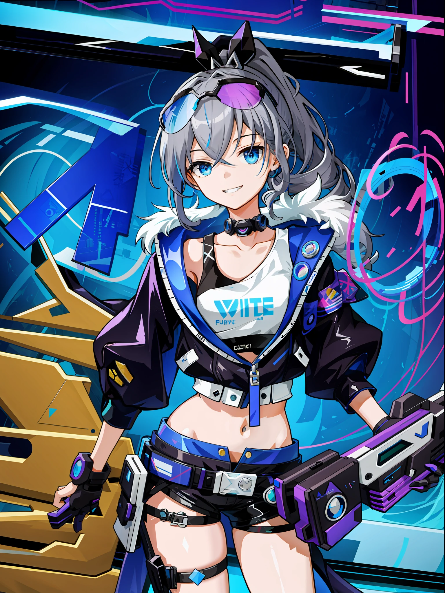 ((masterpiece)), super high quality, curly high ponytail girl, gray hair, cyberpunk style, blowing bubble candy, dressed in cyberpunk street style clothing. The whole painting is full of science and technology culture, the face is grim, exuding a glacier-like aura, petite figure, smile, dynamic posture, golden section, lens highlights focus, large aperture, side light effect, white background, clear details, bright tones, very impactful picture, clear brush, half body, full of details, vivid eyes, light and shadow tracking