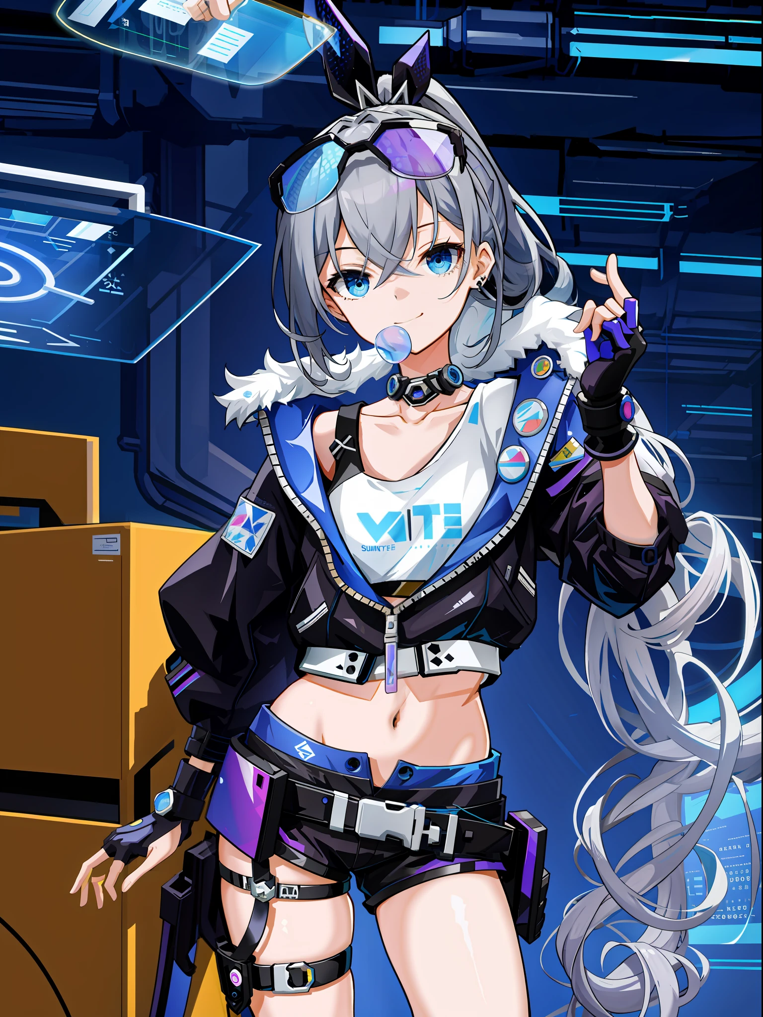 ((masterpiece)), super high quality, curly high ponytail girl, gray hair, cyberpunk style, blowing bubble candy, dressed in cyberpunk street style clothing. The whole painting is full of science and technology culture, the face is grim, exuding a glacier-like aura, petite figure, smile, dynamic posture, golden section, lens highlights focus, large aperture, side light effect, white background, clear details, bright tones, very impactful picture, clear brush, half body, full of details, vivid eyes, light and shadow tracking