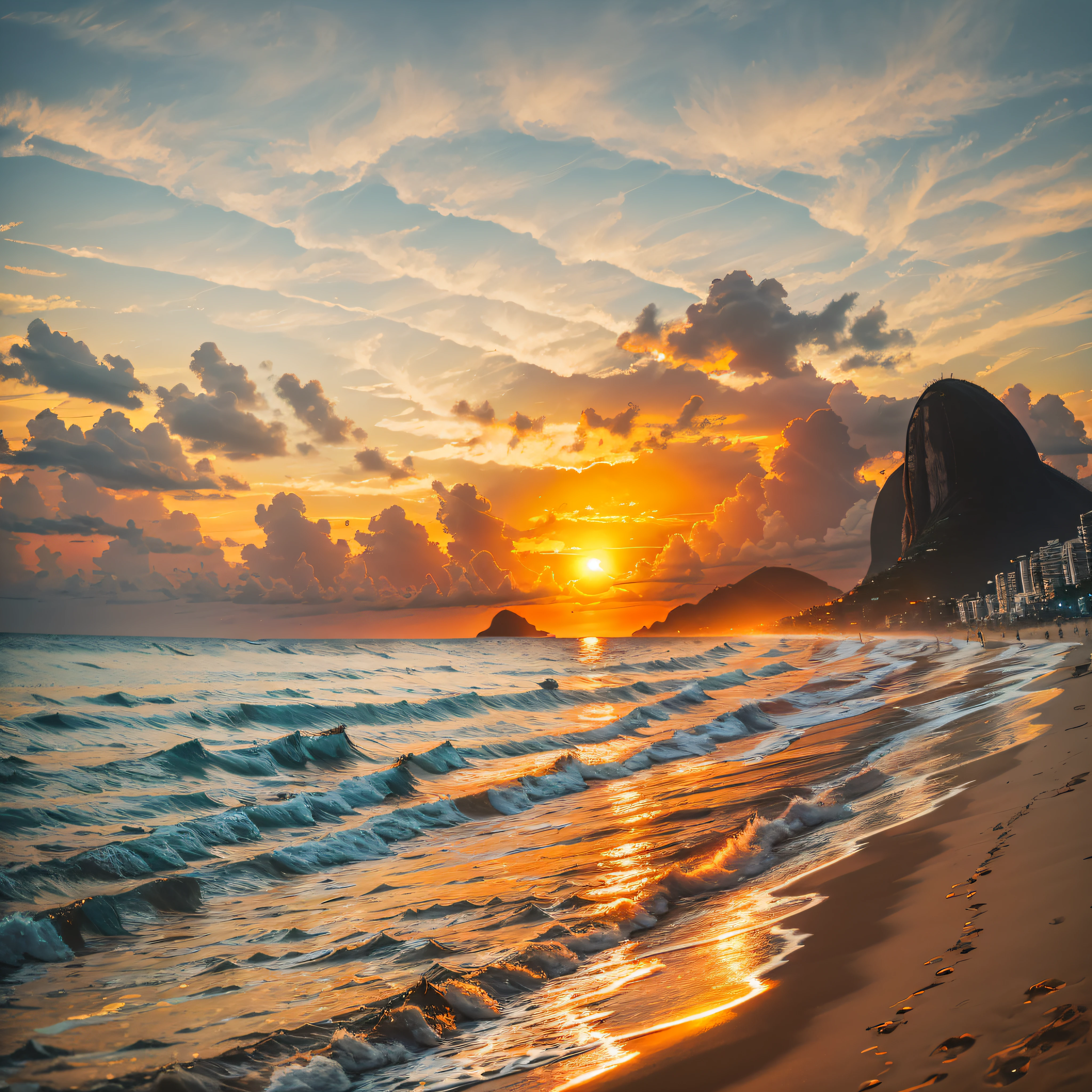 sunset in ipanema, realistic, professional photo in orange tone, perfect sharpness, very detailed, photo taken on the beach sidewalk taking the angle of the hill, low medium exposure, low ISO, real photo, photojournalism, image with central focus --auto --s2