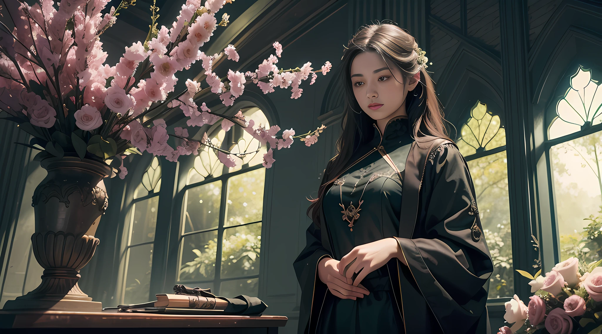 vivid illumination, enchanting elegance, atmospheric depth, masterful technique, naturalistic representations, harmonious composition, creative refinement, striking juxtapositions,
1girl,solo,atmospheric clothing,
university,
indoor,
Patience,
garden, blossoms, peaceful,