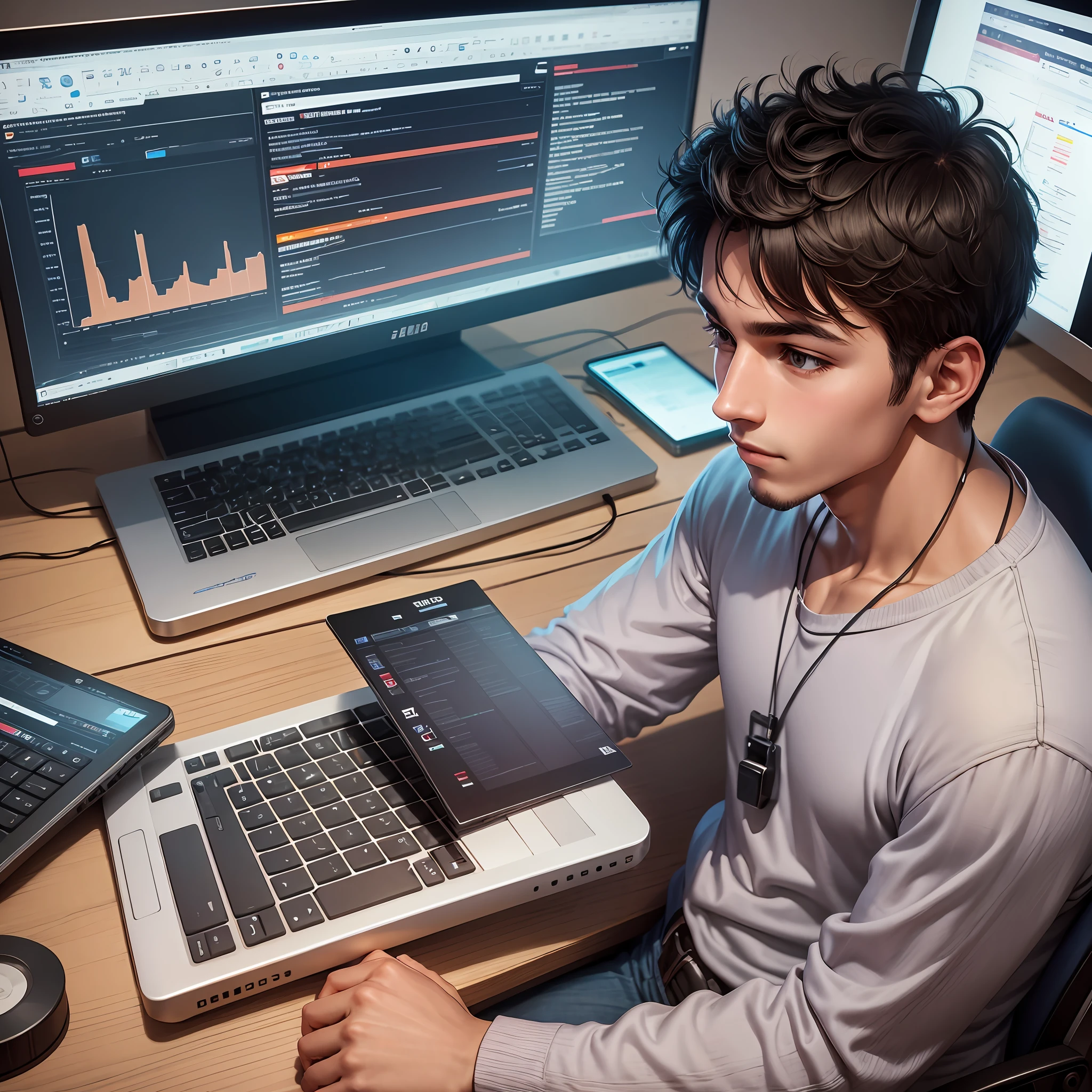 A young entrepreneur sits in front of a computer in casual clothes, various web pages and charts flashing on the computer screen, and he gently taps on the keyboard, focusing on his work --auto --s2