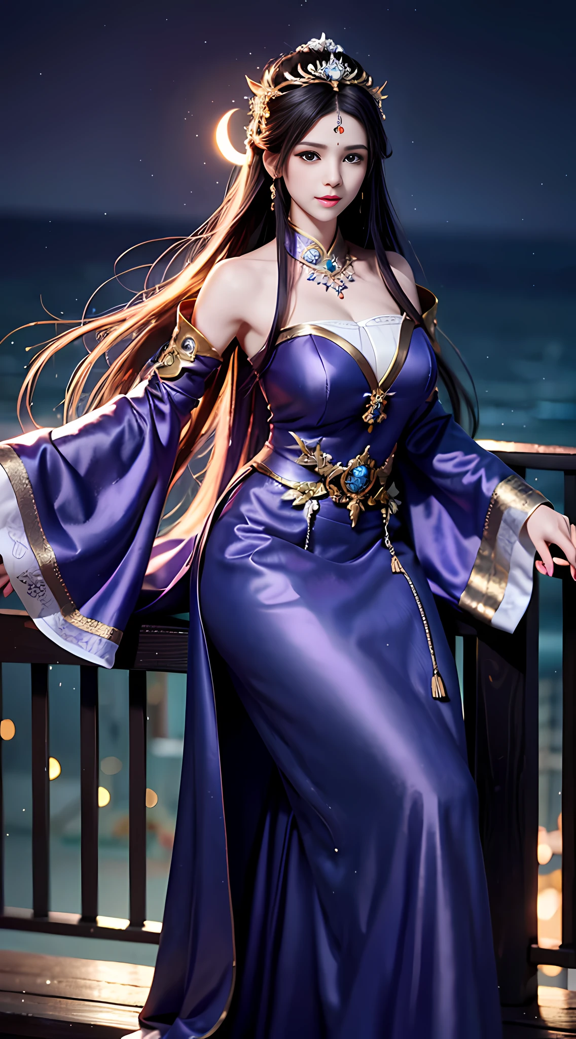 moon, moonlight, full moon, night, dark blue sky, violet, lilac dress, long skirt on chest, long black hair, long hair and waist, beautiful maiden, god, divinity, white tiara, sitting on railing, hair, slanted bangs, headband, hair ornament, forehead gemstone, paulai's jewel branch, crescent hair ornament, fish hair ornament, god ray, glitter, cinematic lighting, lens glare, uhd, high detail, high quality, high resolution, best quality, 8K, 16K, high detail, high quality, high quality, super detail, Anatomically correct, masterpiece, ccurate
