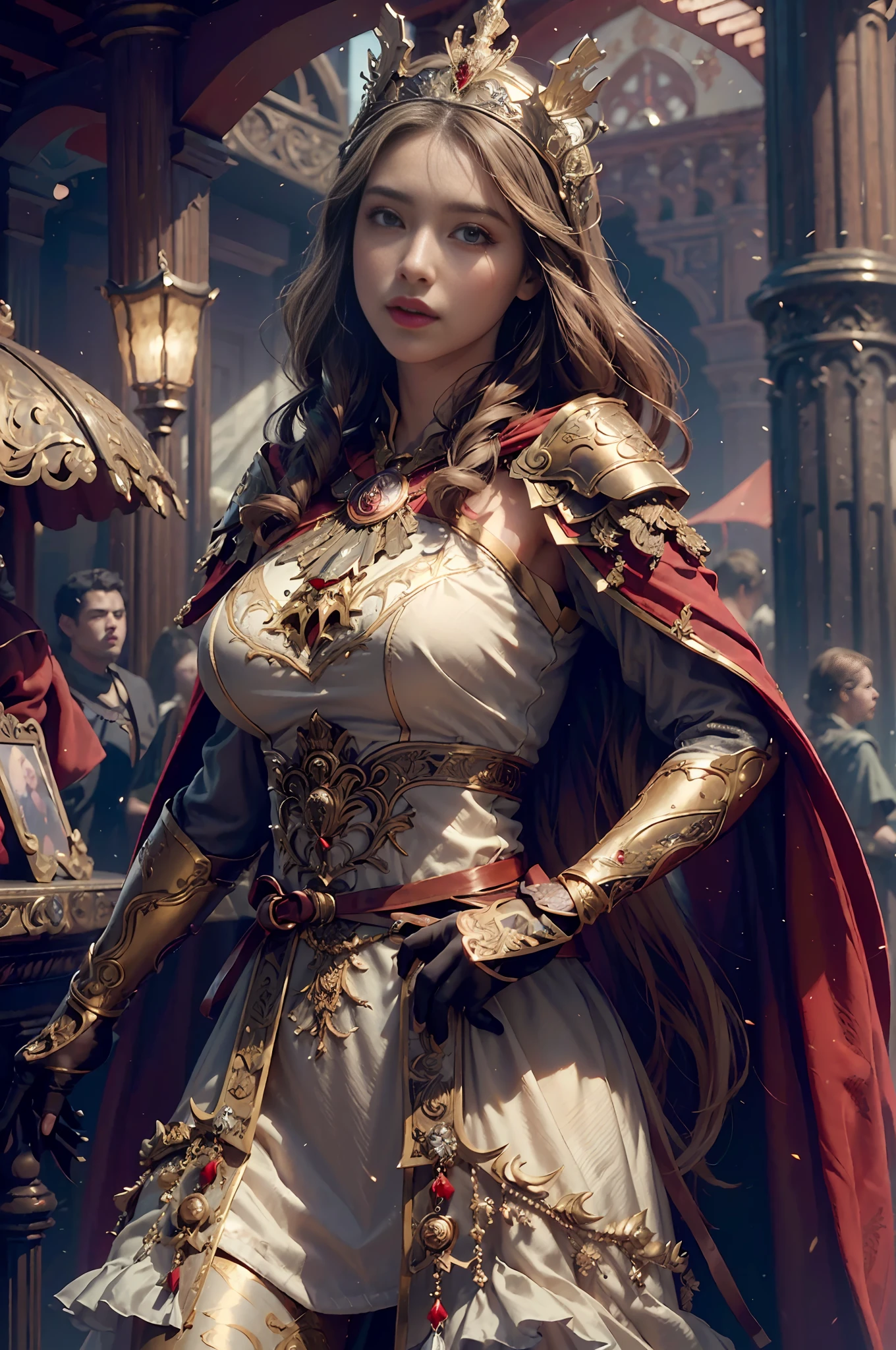 ((masterpiece))), (((best quality))), ((ultra-detailed)), (hyperrealistic), (highly detailed CG illustration), cinematic light, photorealistic ,extremely beautiful young lady, light makeup, big breast,  intricate detailed eaba, red cape, spear