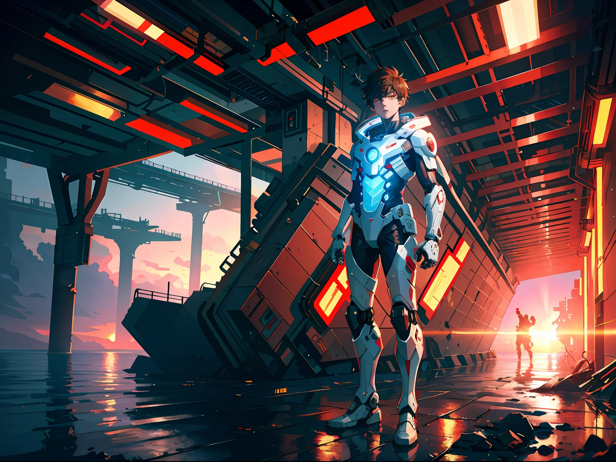HD clear, best images, illustrations, super detailed, a young teenager in a cyberpunk style (white combat suit), detailed face, and facial features, standing on the seaside pier, revealing a deep breathing expression, behind him is a huge red mech