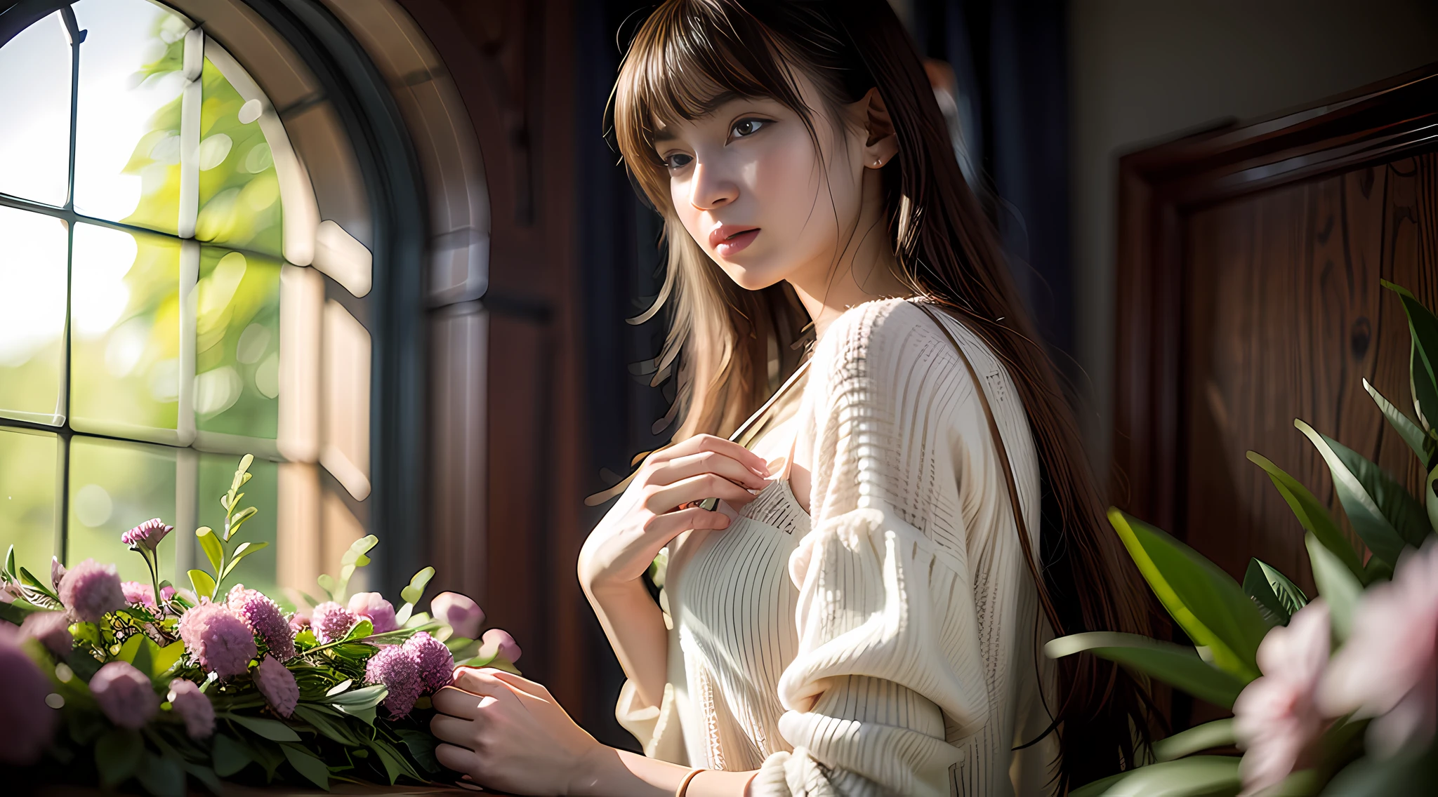 Vivid lighting, charming elegance, atmospheric depth, exquisite technique, naturalistic expression, harmonious composition, creative refinement, striking juxtaposition, 1girl, attention to face, solo, atmospheric clothing, university, interior, patience, garden, flowers, peace,