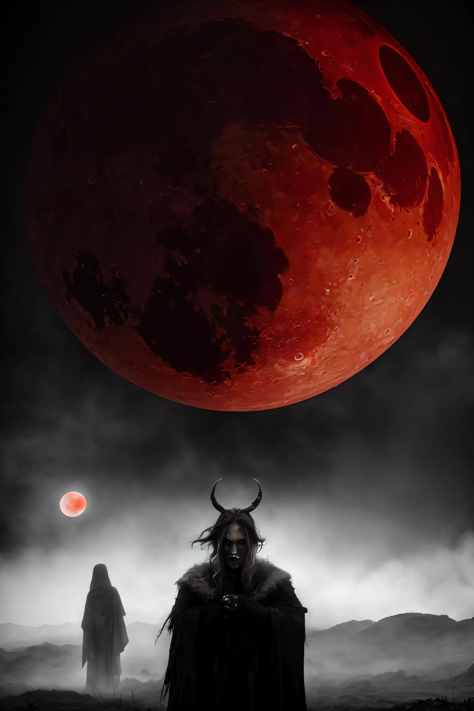 best quality, masterpiece,
a monster, god, holy, fog, big red bleeding eye and blood moon as background,
elden ring,