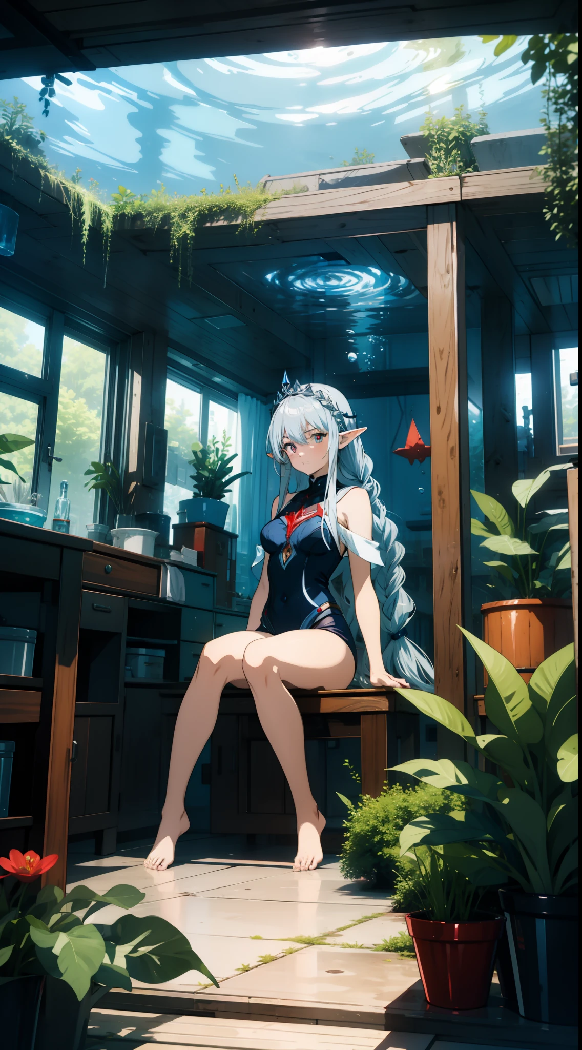 underwater, triangle sitting, one girl closeup, elf, silver hair, red eyes, braid, swimsuit, concept art, beautiful anime scene, top rated on pixiv