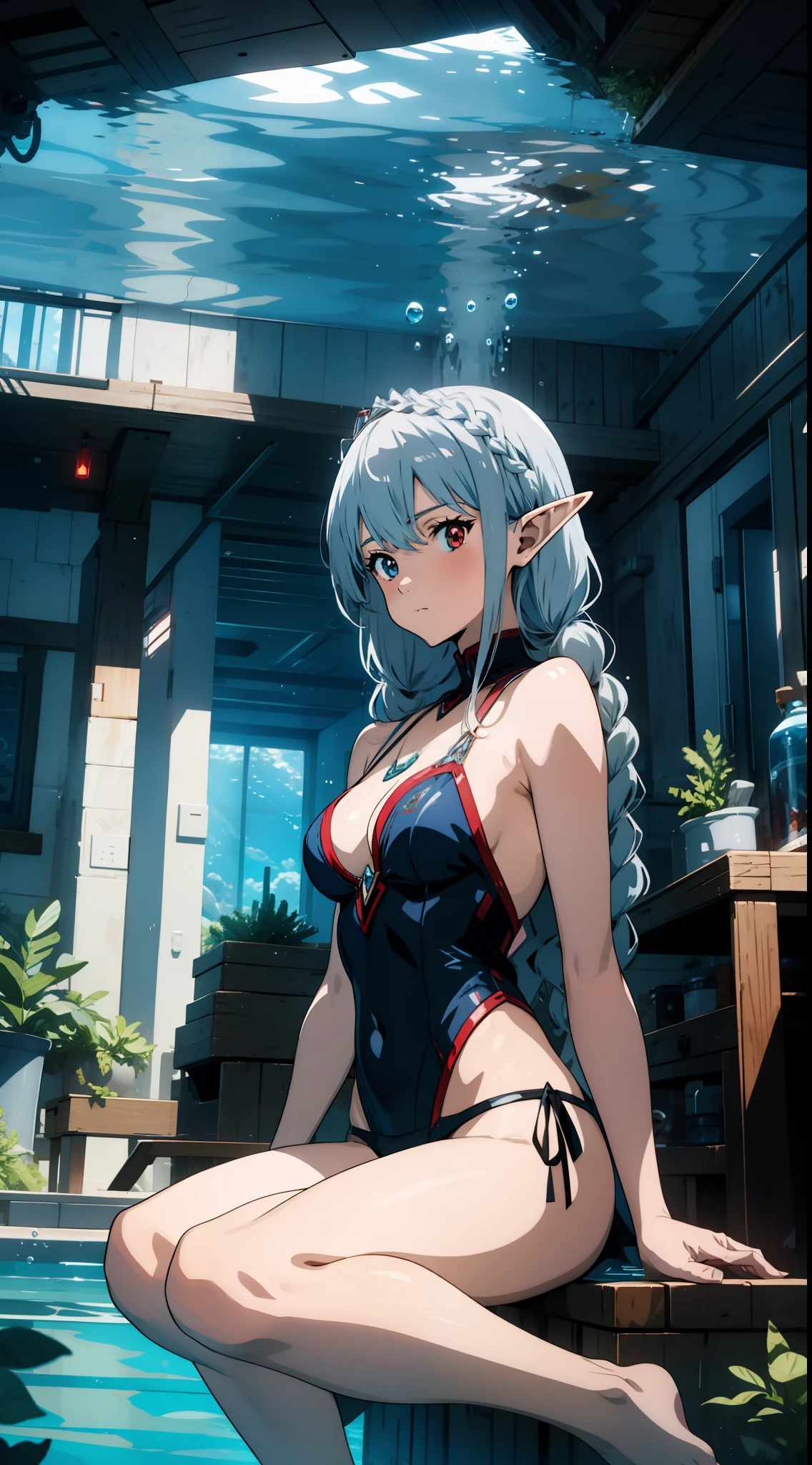underwater, triangle sitting, one girl closeup, elf, silver hair, red eyes, braid, swimsuit, concept art, beautiful anime scene, top rated on pixiv