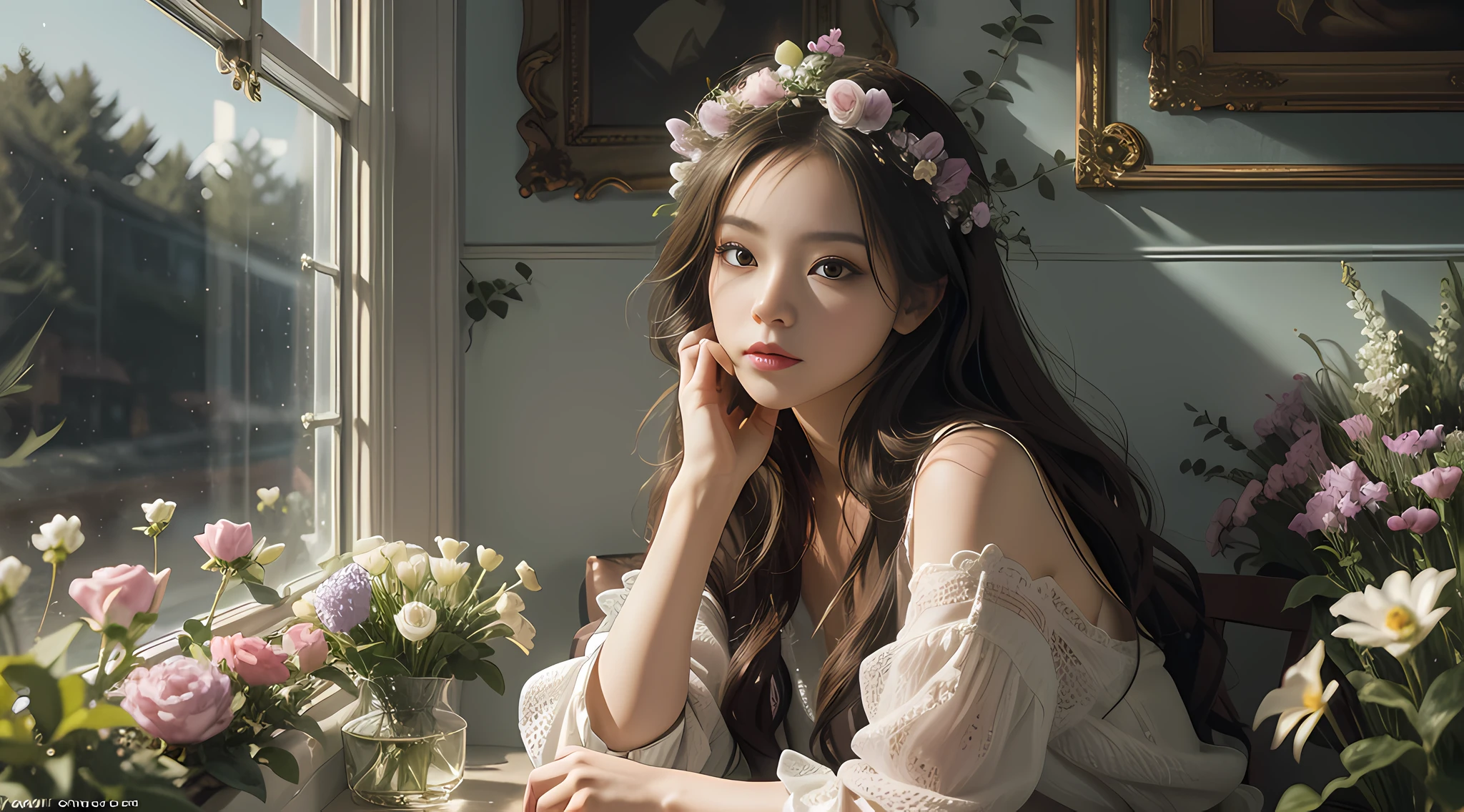 Vivid lighting, charming elegance, atmospheric depth, exquisite technique, naturalistic expression, harmonious composition, creative refinement, striking juxtaposition, 1girl, attention to face, solo, atmospheric clothing, university, interior, patience, garden, flowers, peace,